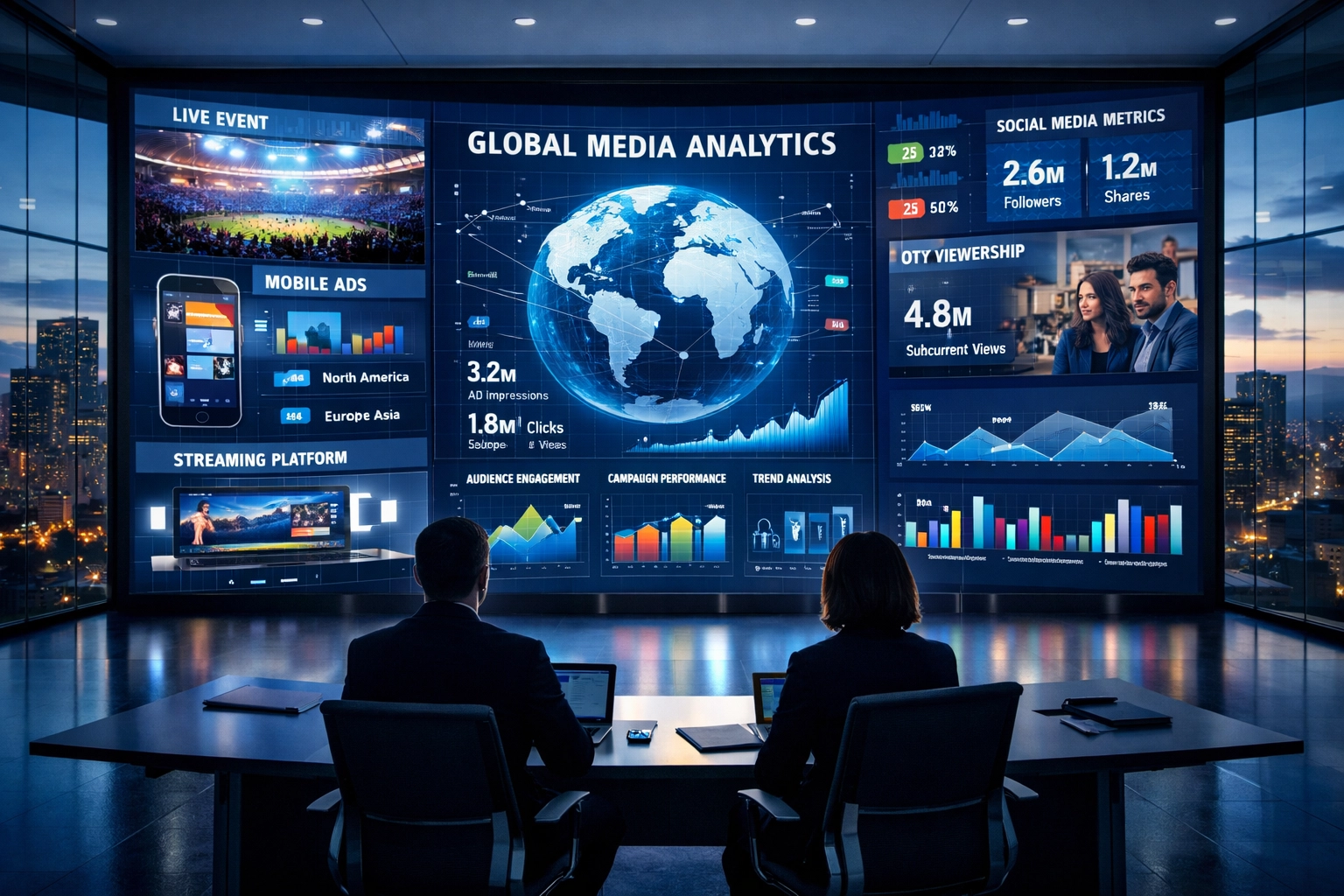 Executives analyzing global media metrics on a digital command center wall at Dakdan Worldwide.