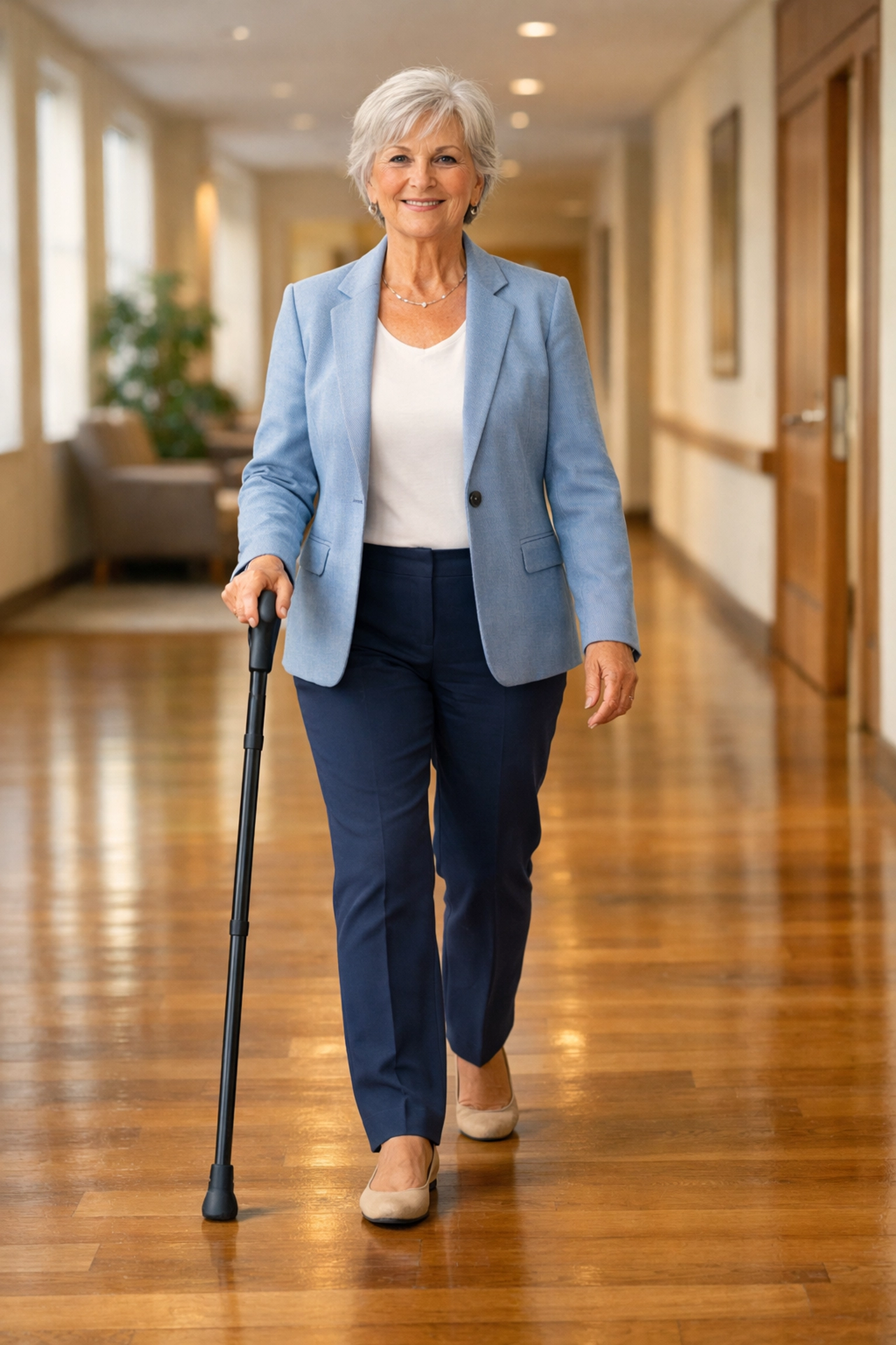 Senior woman using an ergonomic cane with the correct gait and posture for safe indoor mobility.