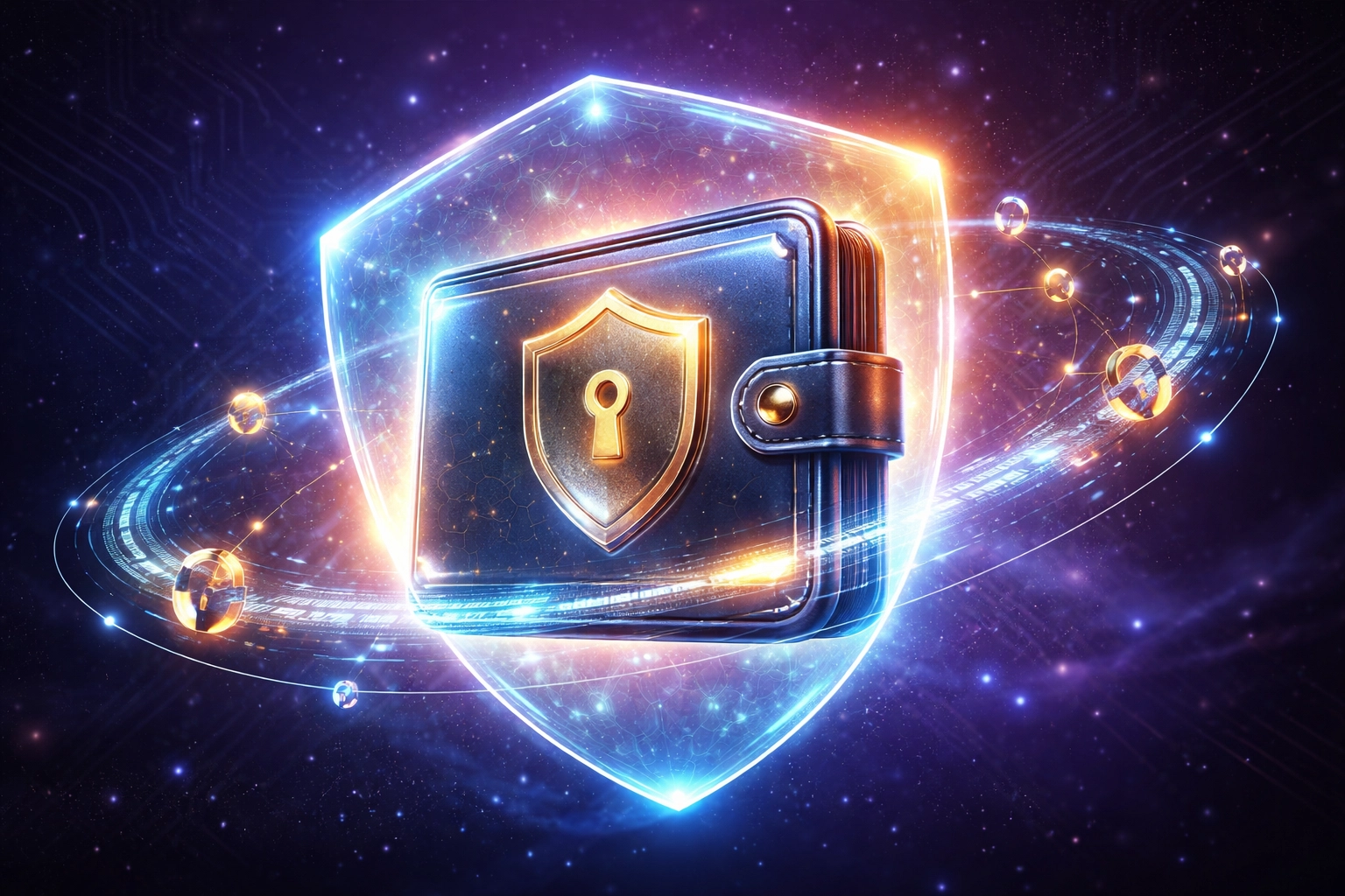 Larecoin Smart Wallet visualized as a secure digital crypto wallet in space, highlighting self-custody and blockchain security.