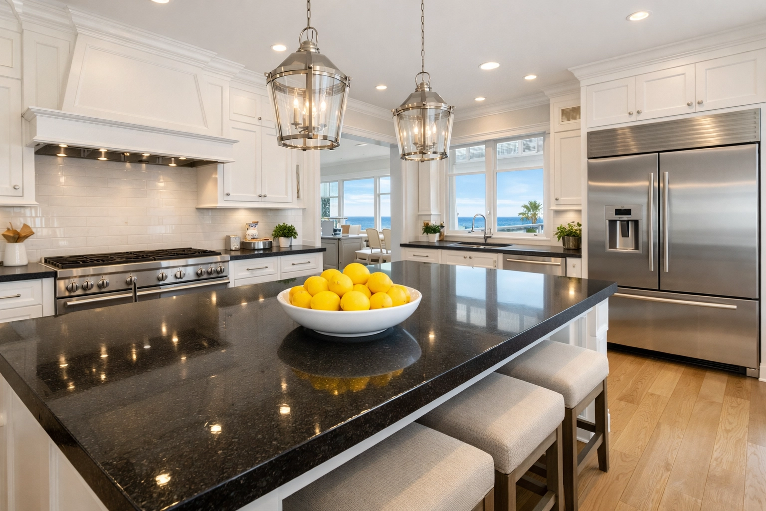 Spotless gourmet kitchen in Osterville featuring polished countertops and grit-free hardwood floors.