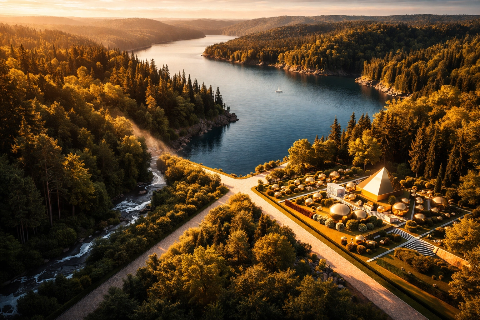 Aerial view of landscape symbolizing portfolio diversification: green forest for stocks, blue lake for bonds, and a golden garden for alternatives.