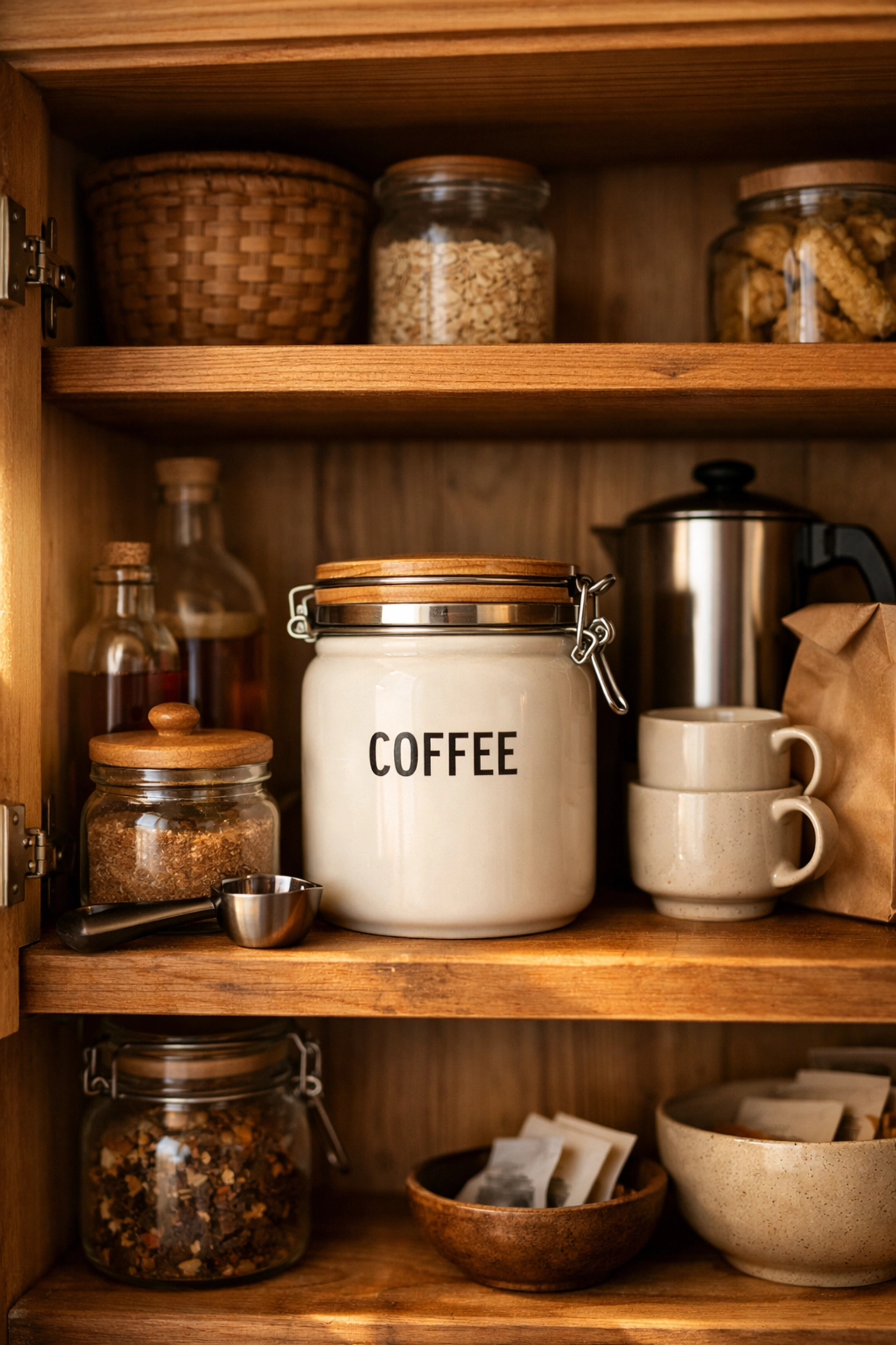 Airtight coffee container stored in cool, dark kitchen cupboard away from heat sources