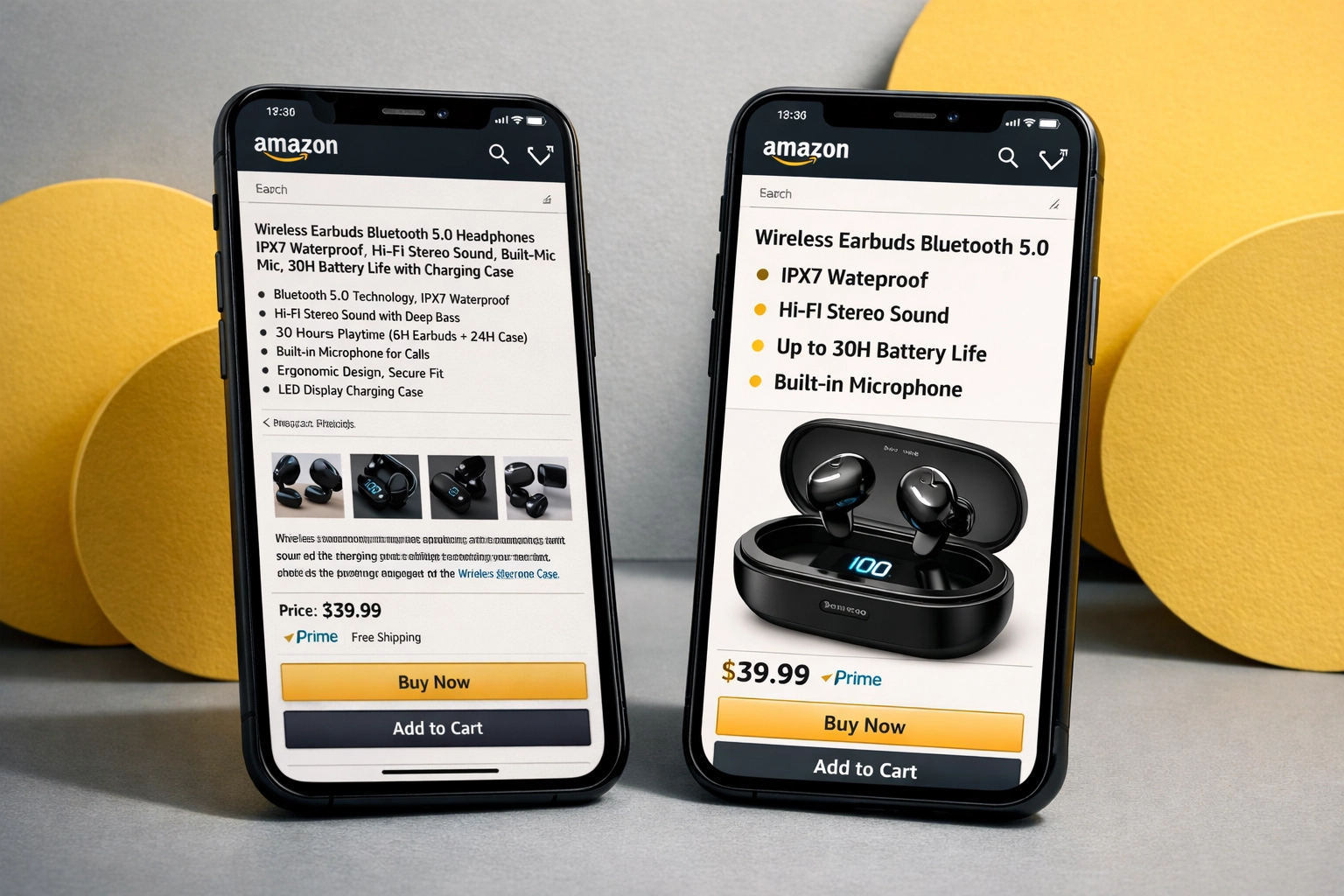 Mobile Amazon listing optimization comparison showing before and after product page improvements