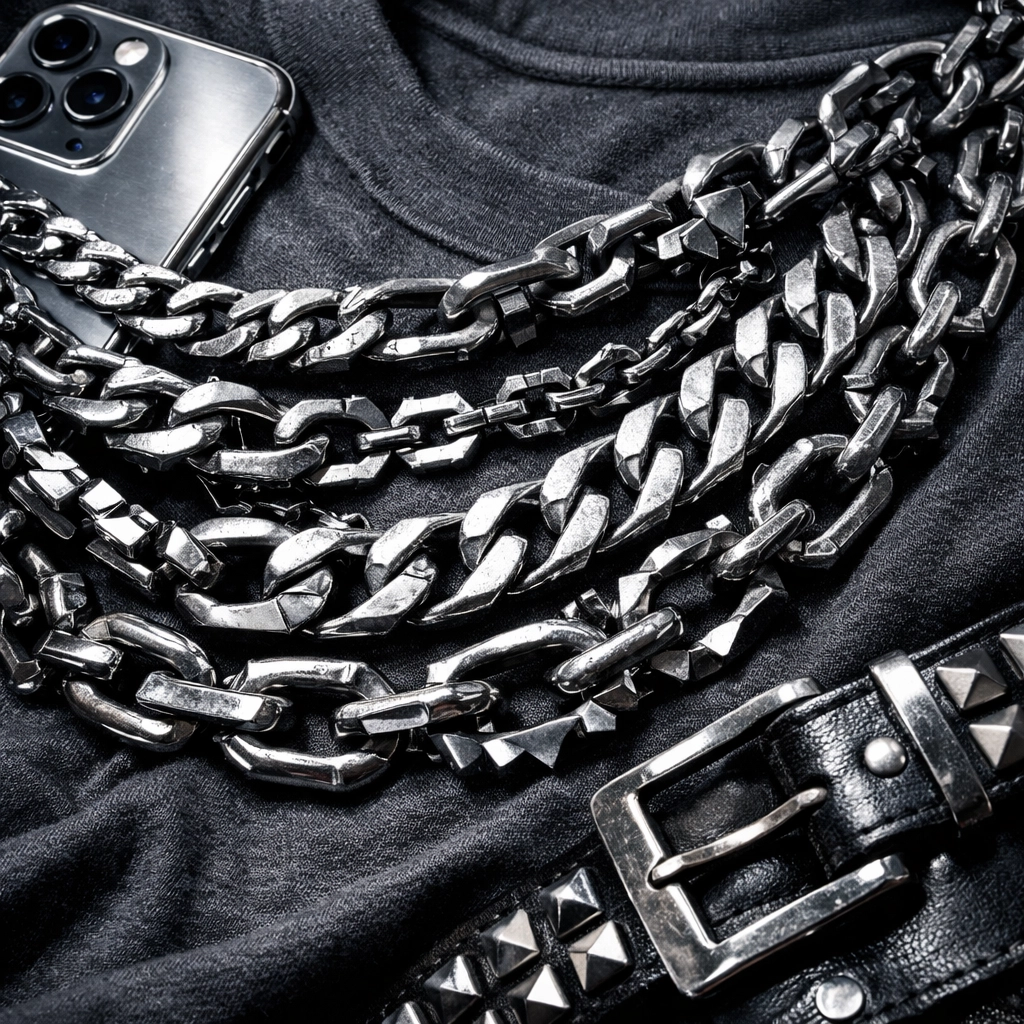 Heavy industrial silver chains and metallic accessories, key 2026 fashion trends at Rock Universe.