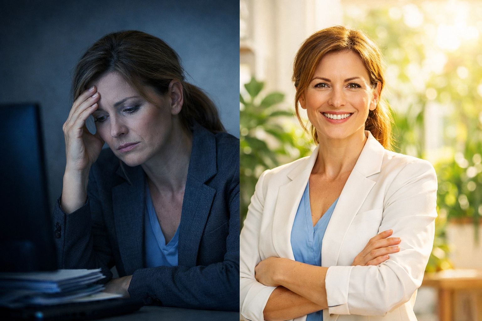 Woman's transformation from perimenopause burnout to energized health and vitality