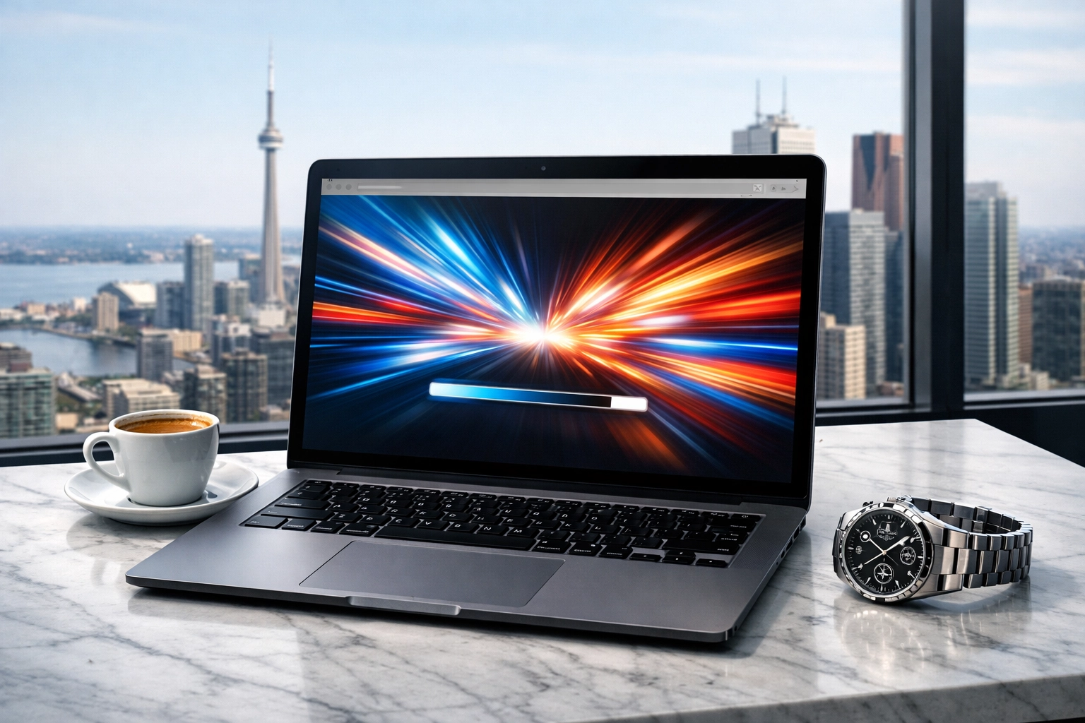 Fast-loading business website on a laptop in a high-rise Toronto office for better user experience.