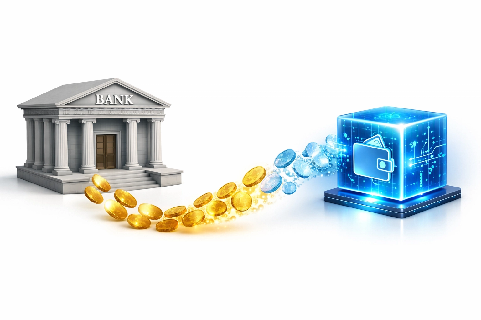 Traditional bank connected to digital crypto wallet with flowing coins