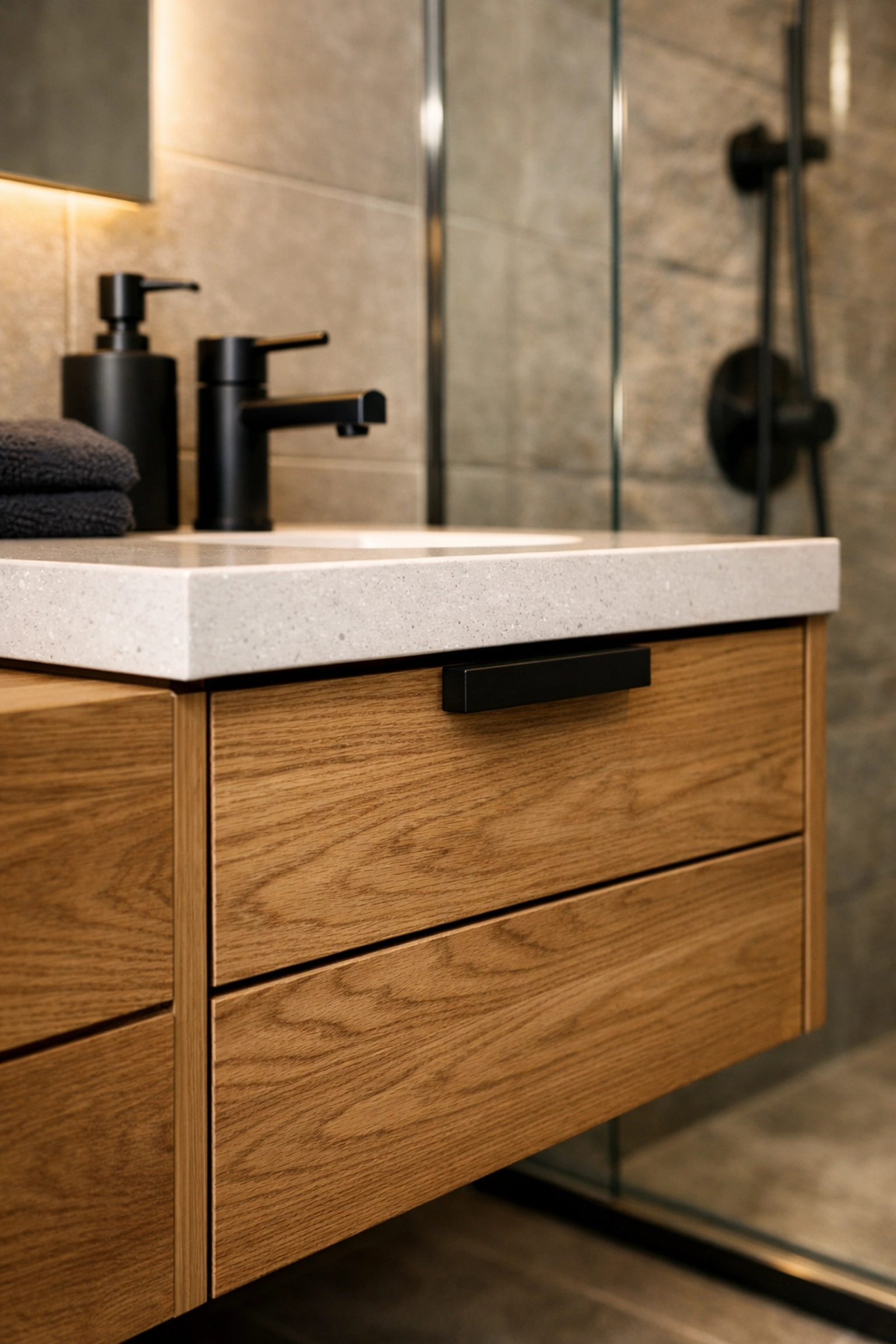 Modern bathroom remodel featuring custom oak cabinetry and high-quality quartz countertops in Okeechobee.
