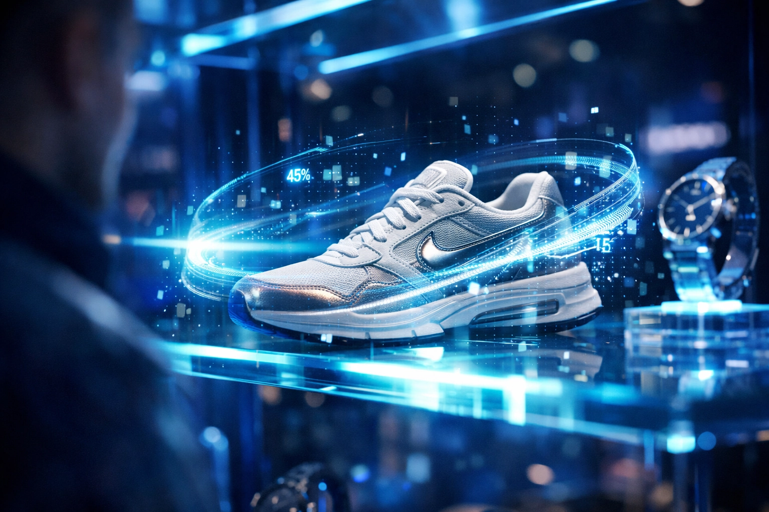 Futuristic retail boutique using Larecoin AI for real-time product indexing and data tracking.