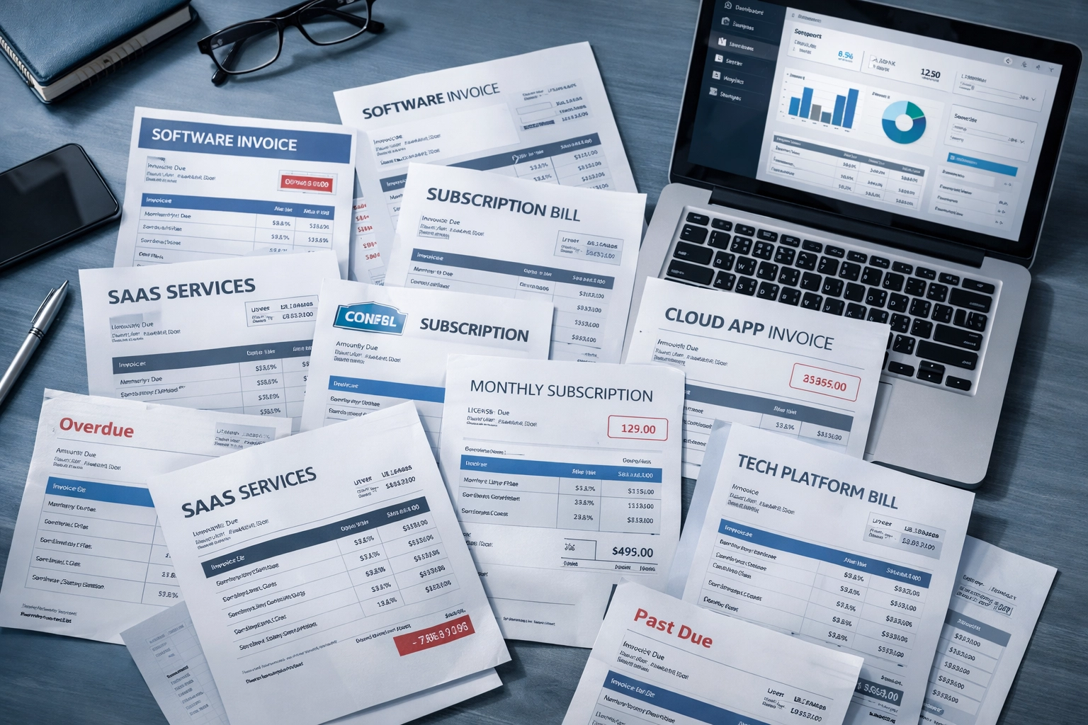 Office desk covered with software subscription invoices showing recurring automation costs