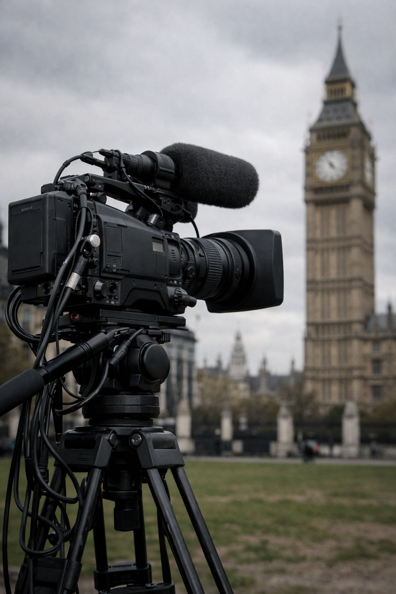 News camera in Parliament Square facing the Houses of Parliament for a Westminster political report broadcast.