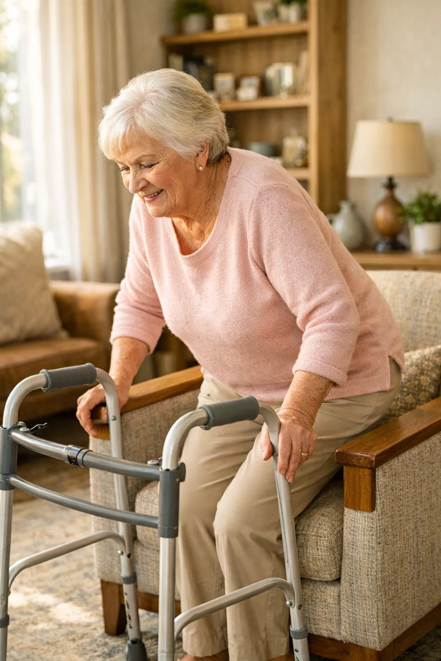 Elderly woman safely standing from a chair using armrests before reaching for her walker.