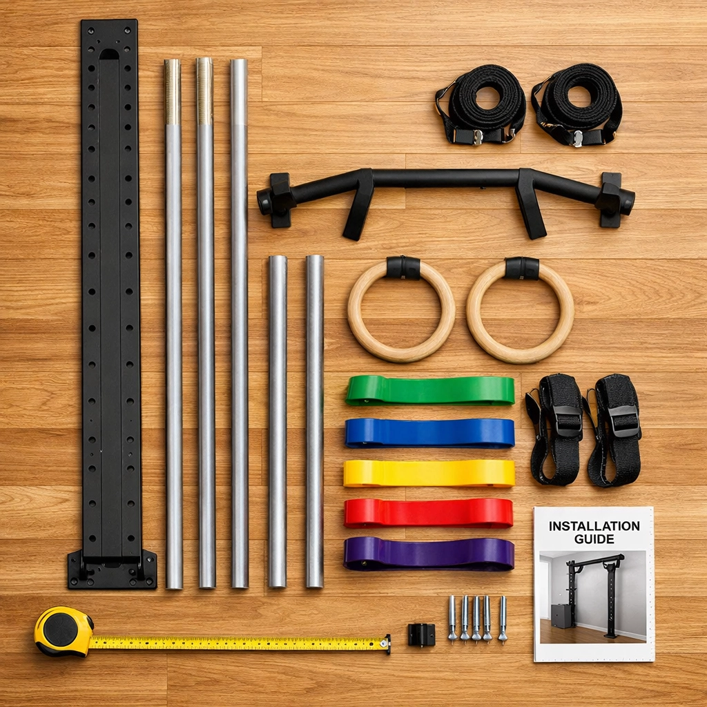 Home gym equipment components laid out for floor-to-ceiling system installation