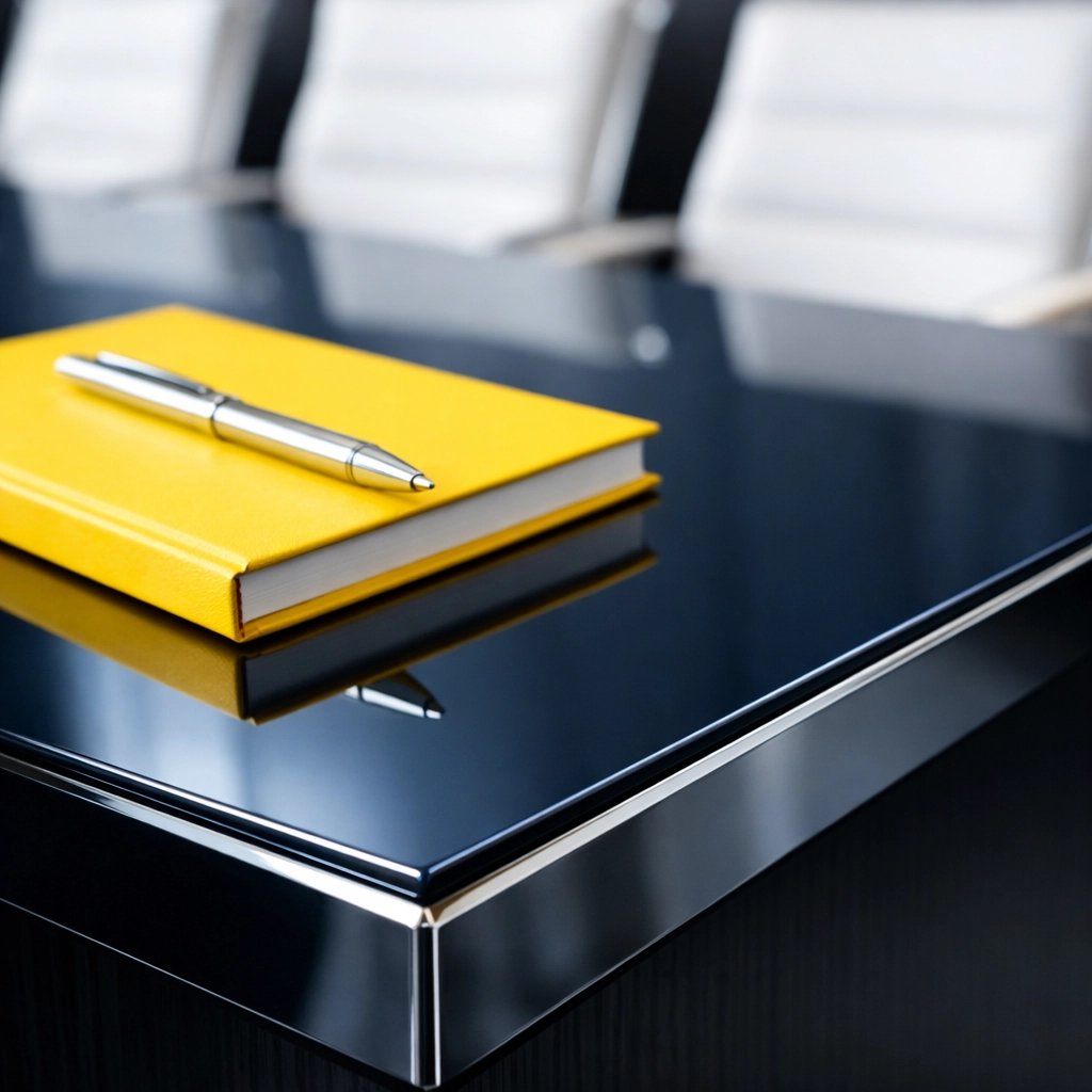 Close-up of a polished, smudge-free boardroom table from reliable commercial cleaning in Hudson, MA.