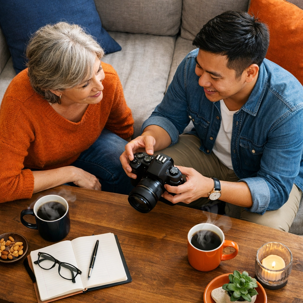 Two neighbors connecting over coffee while sharing camera equipment in apartment