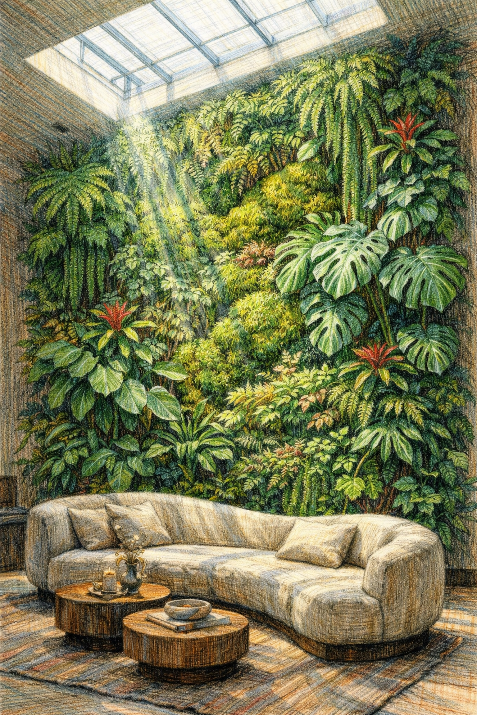 Biophilic hotel lobby design featuring a lush vertical living wall and natural linen sofa.