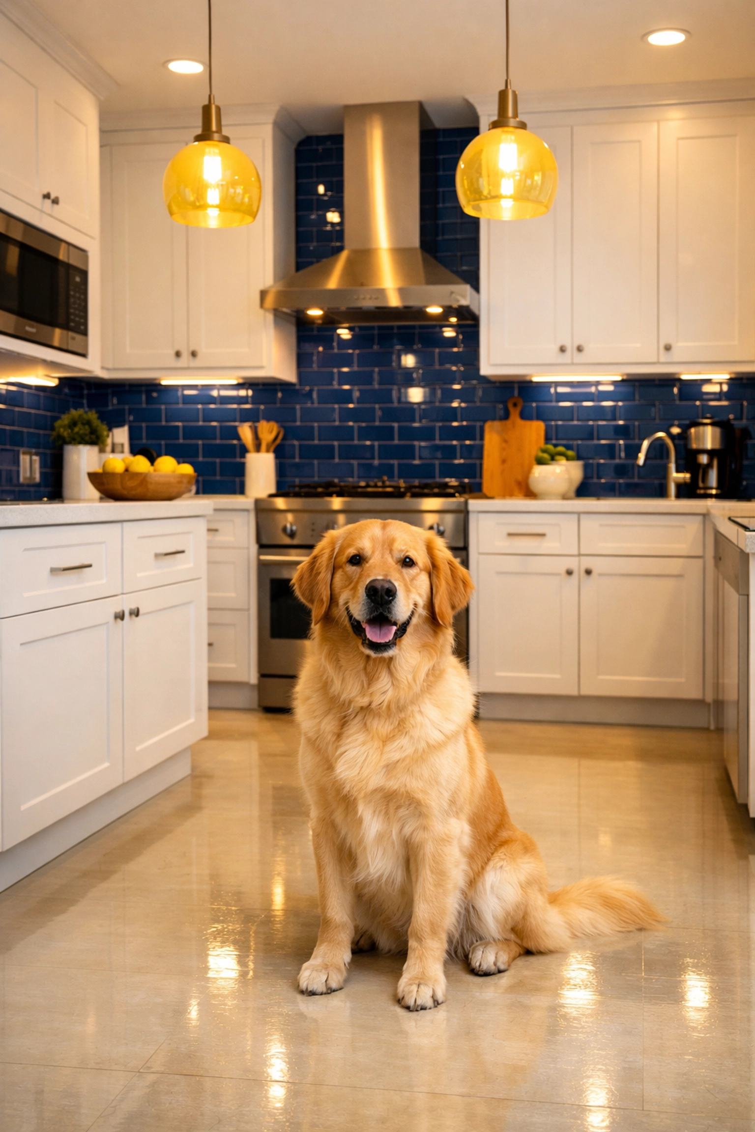 Spotless kitchen with a golden retriever showing pet-safe results from professional maid services Lowell.