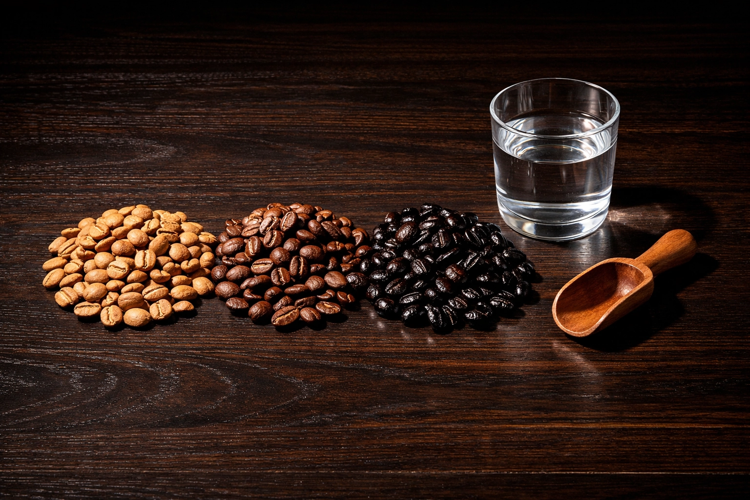 Fresh light, medium, and dark roast coffee beans displayed on a dark wooden surface for selection.