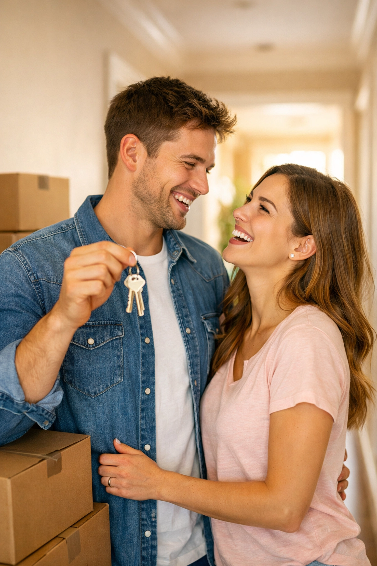 An excited young couple holding keys in their new Yate home, surrounded by moving boxes for a fresh start.