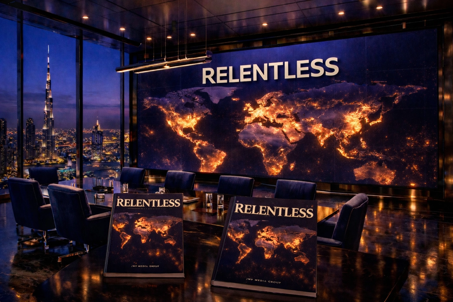 Luxury executive boardroom showing global distribution of JWP Media Group publications.