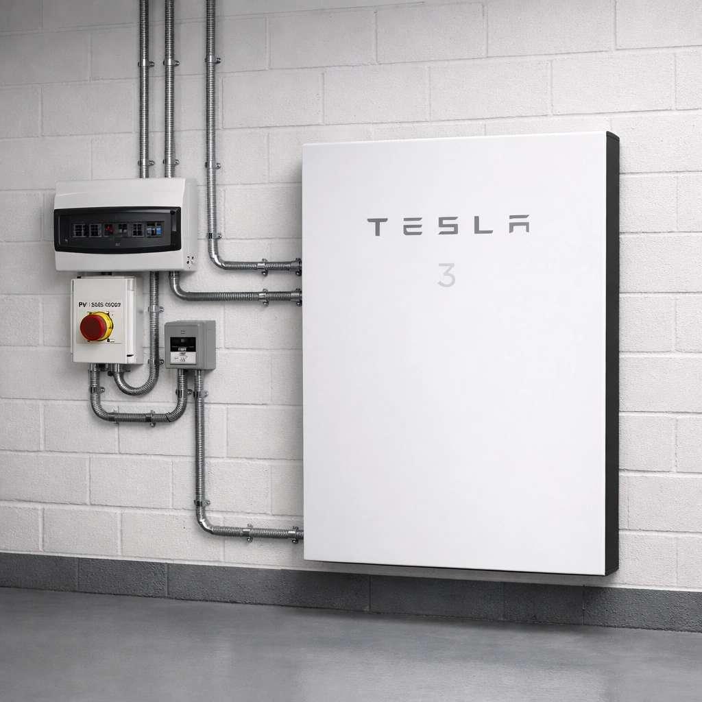 Professional installation of a Tesla Powerwall 3 solar battery system in a neat UK garage.