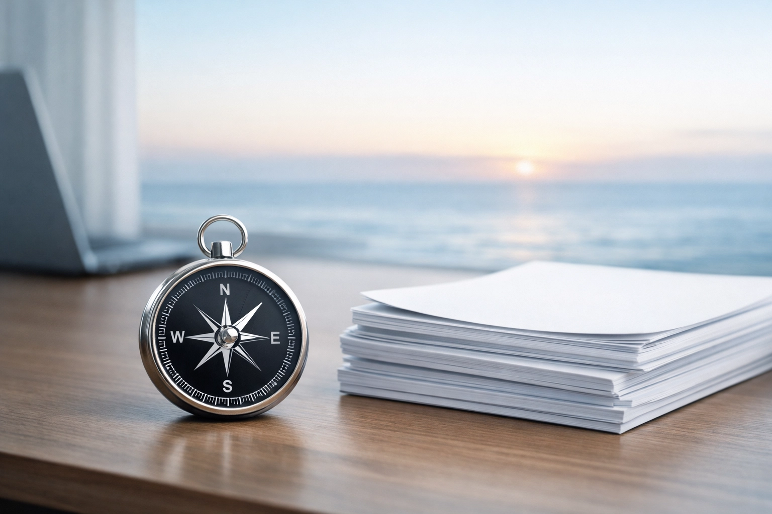 Professional legal documents and a compass on a desk, representing expert guidance for divorce in Virginia.
