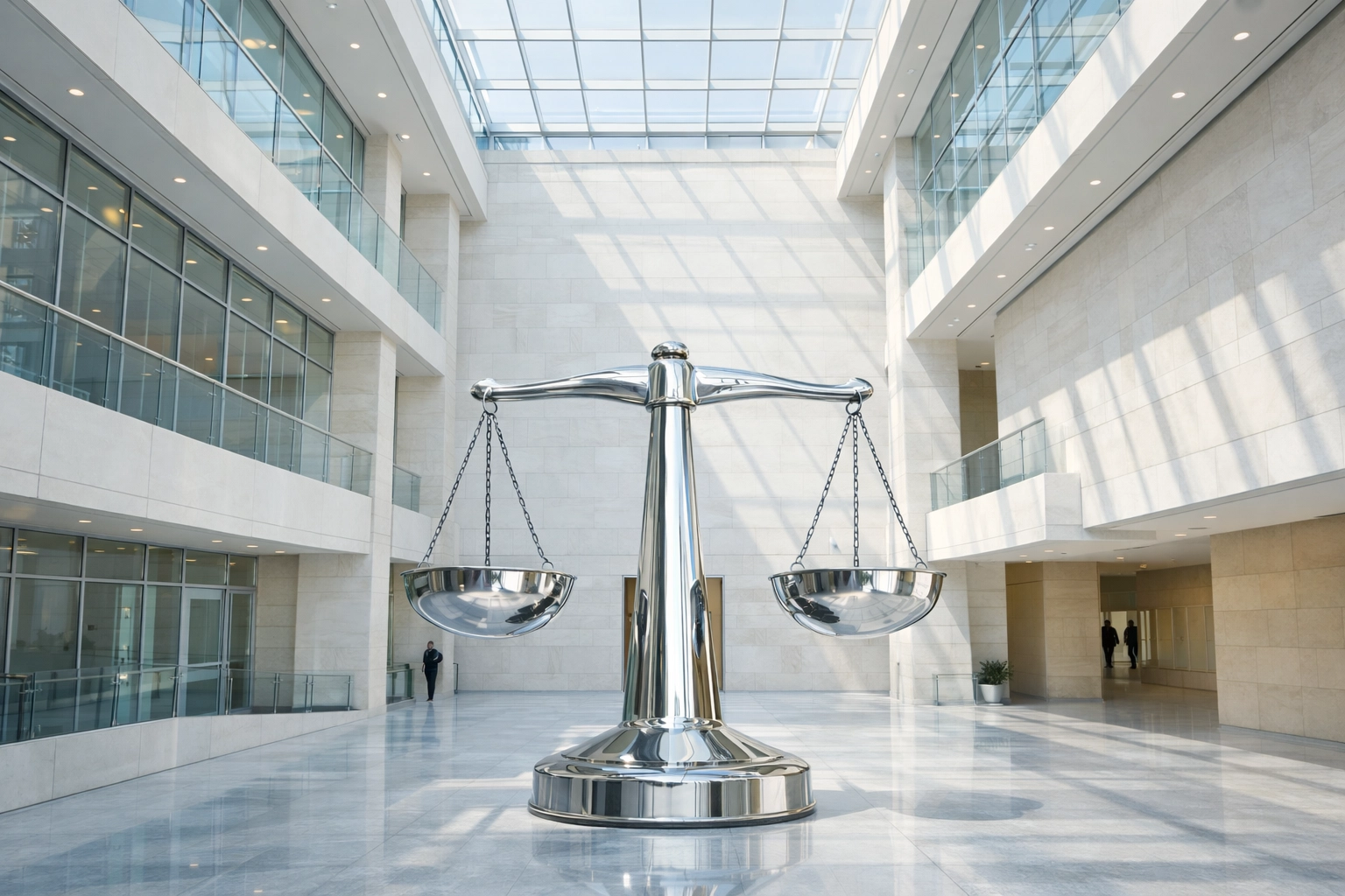 Modern judicial architecture with scales of justice symbolizing a reformed and efficient court system in Canada.