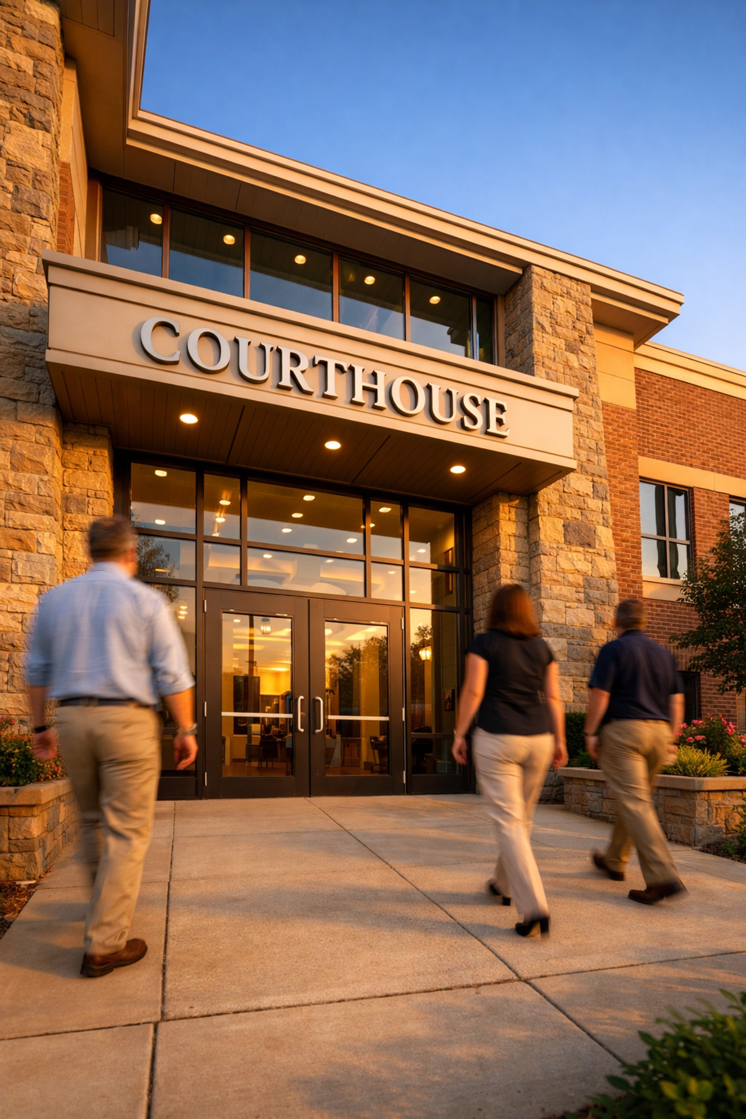 Stafford J&DR Court guide: Stafford County Courthouse entrance with visitors arriving for J&DR Court hearings