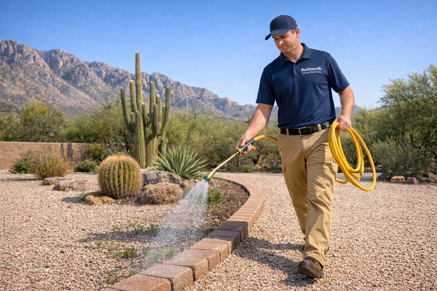 Bucksworth Home Services technician performing professional weed control in a Vail, Arizona desert backyard.