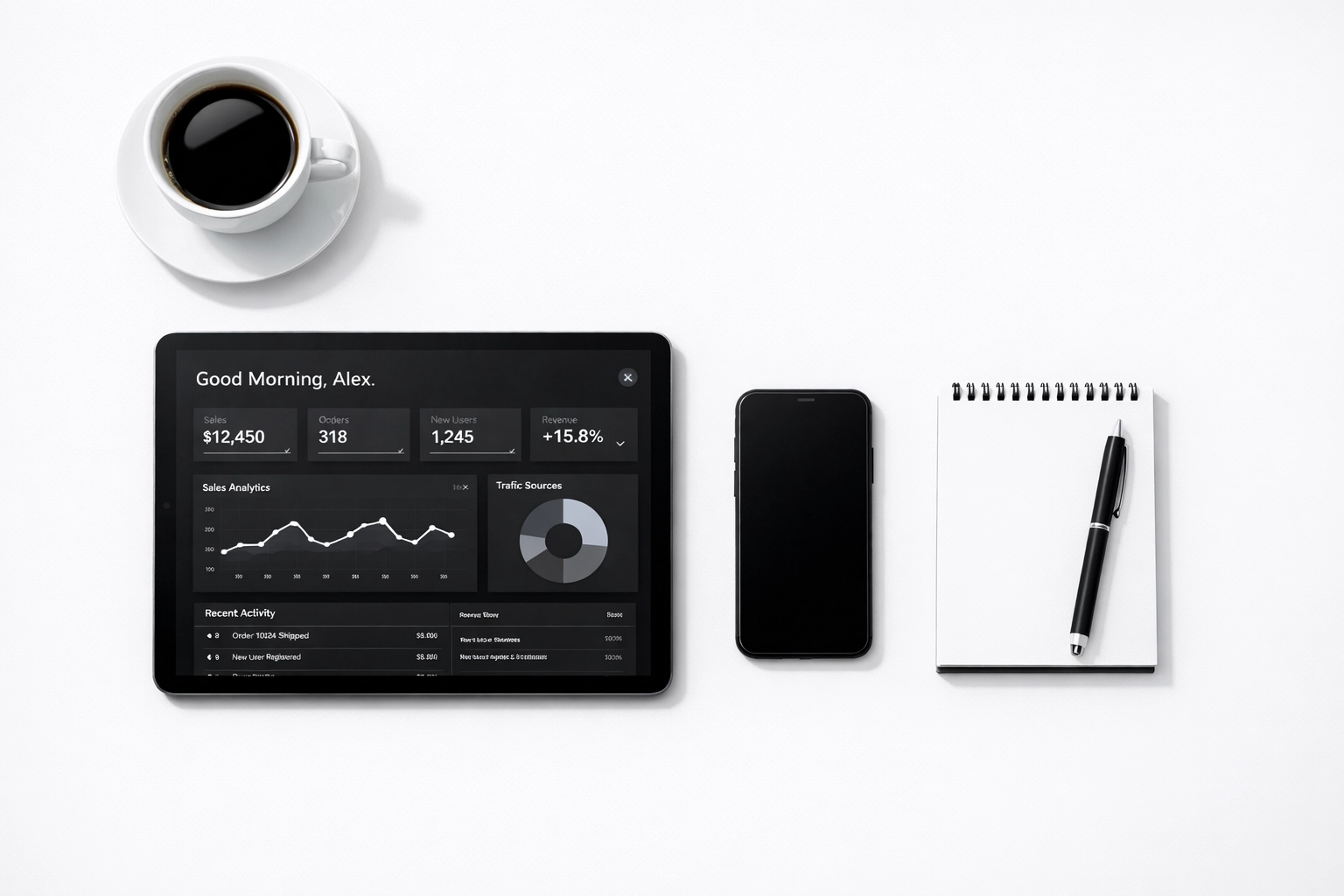 Modern workspace with cleaning business management dashboard and digital tools