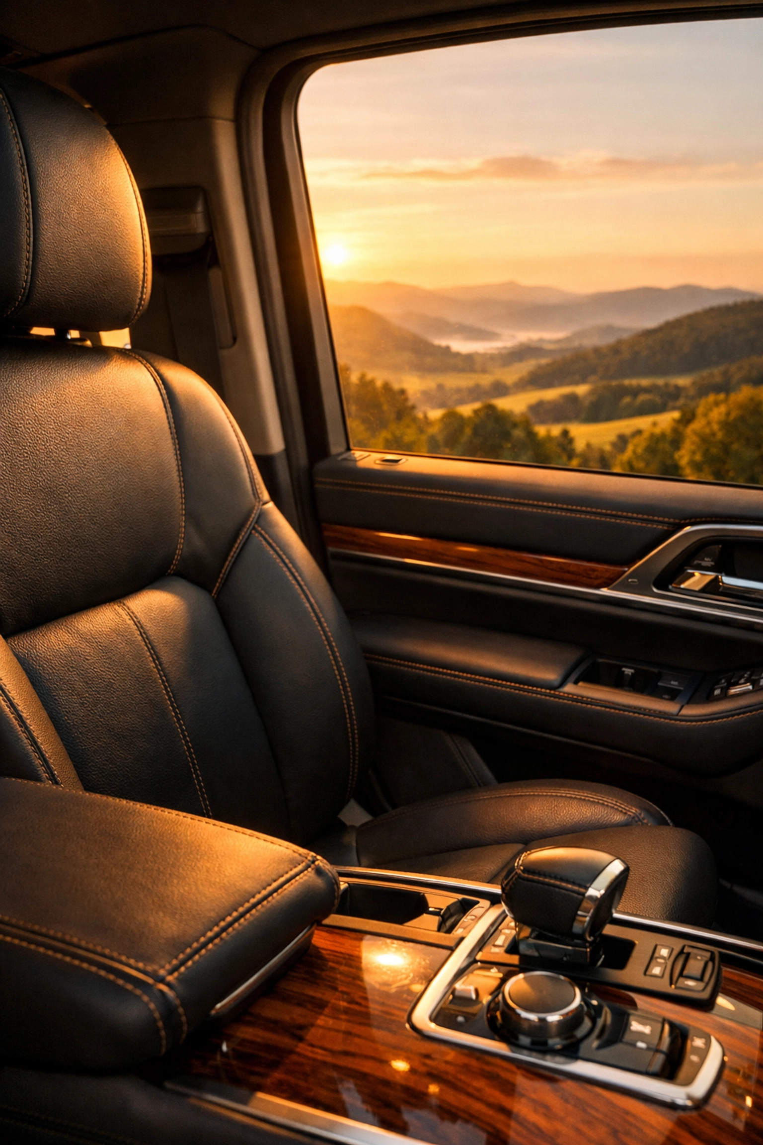 Luxury SUV interior view of East Tennessee hills during a premium Knoxville airport transportation ride.