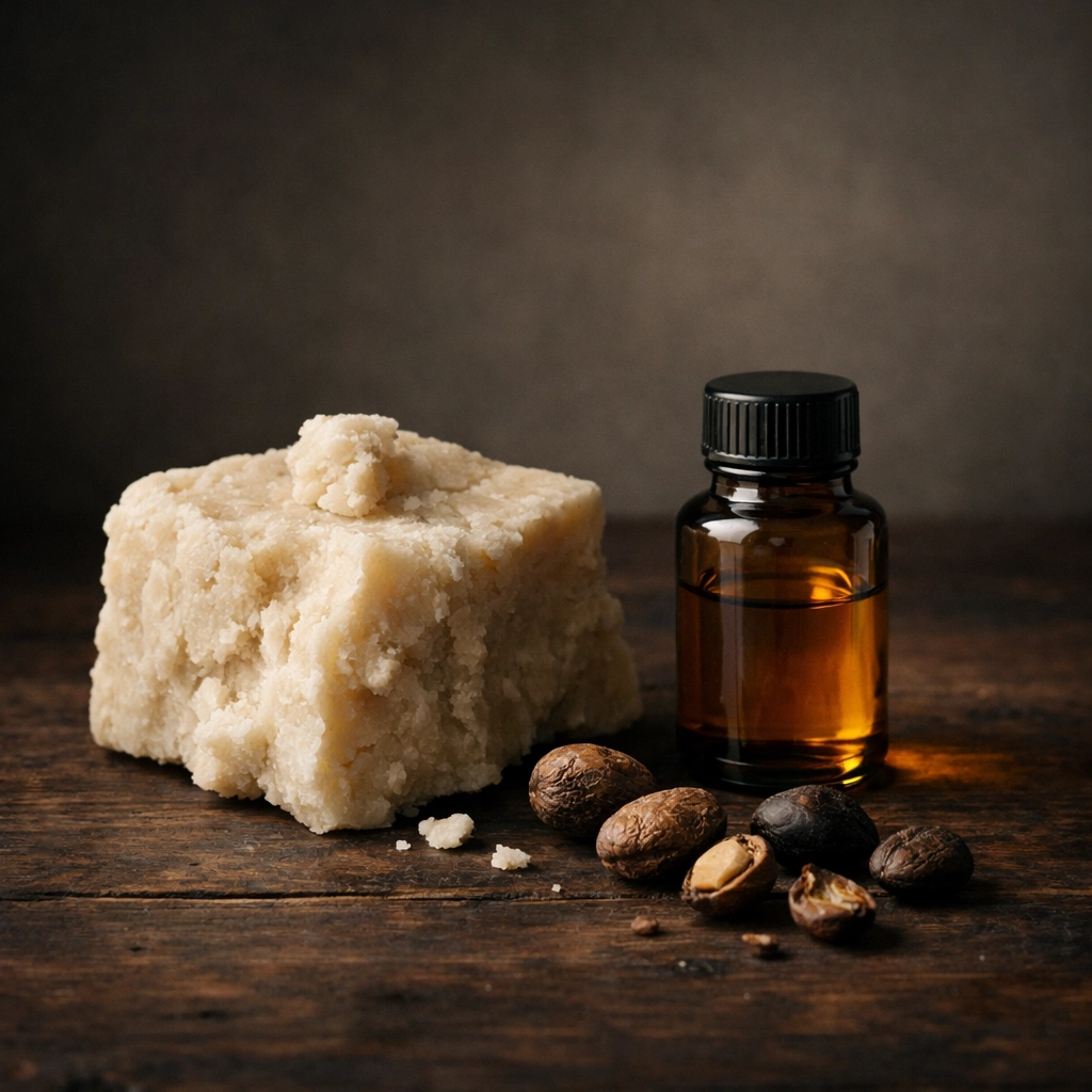 Natural beard grooming ingredients including raw shea butter and essential oils for a grit-free formula.