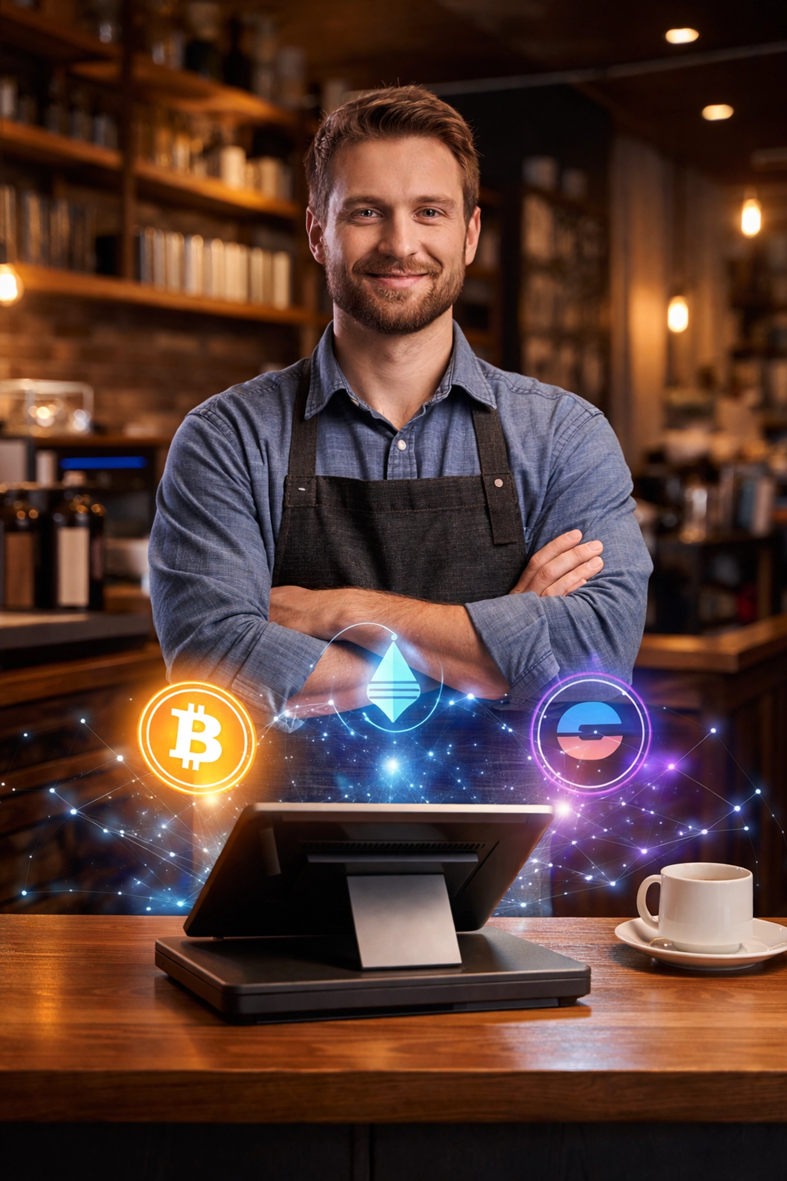 A small business owner uses a crypto POS system in a café, highlighting the ease and security of accepting cryptocurrency payments.