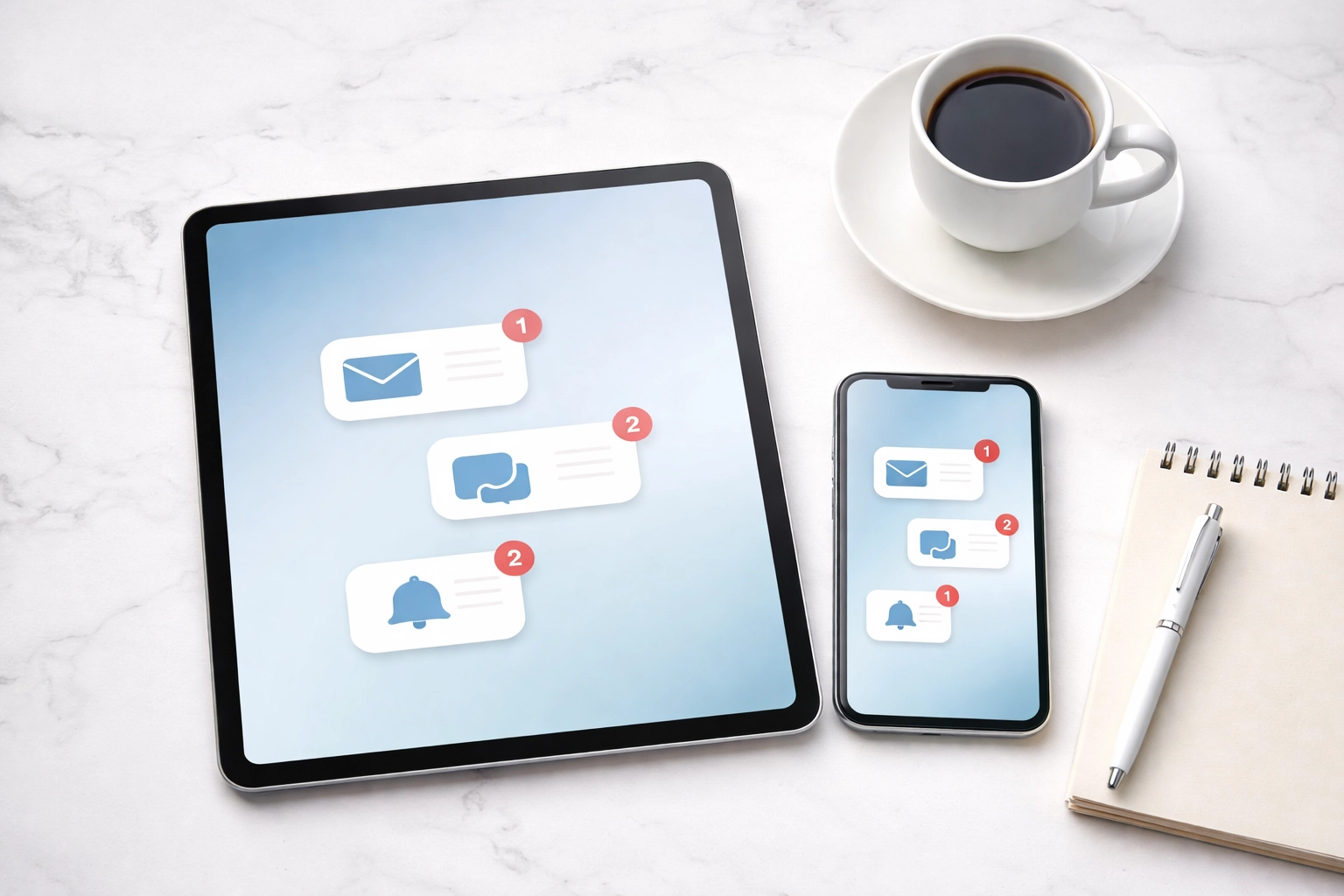 Tablet en smartphone met berichten als voorbeeld van alledaagse begrijpend lezen situaties