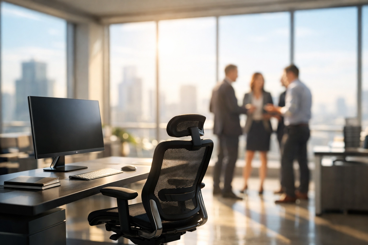 A modern sun-drenched office suite showcasing an independent property management company running on autopilot.