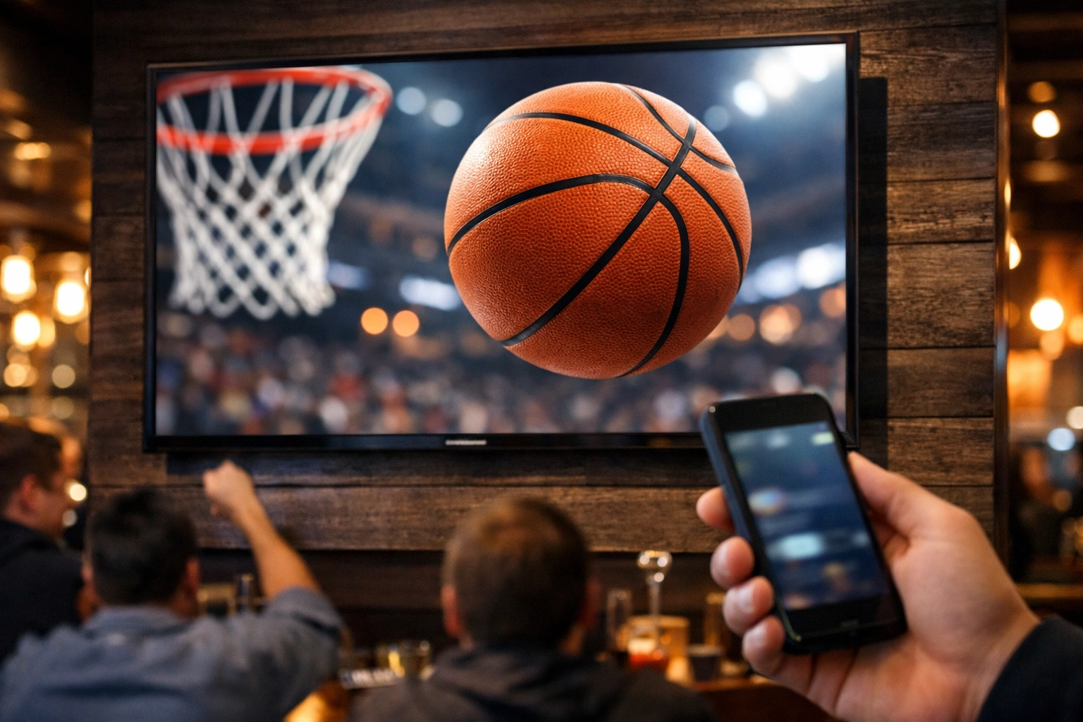 Digital screen in a sports bar showing a game, highlighting DOOH and mobile device interaction for advertisers.