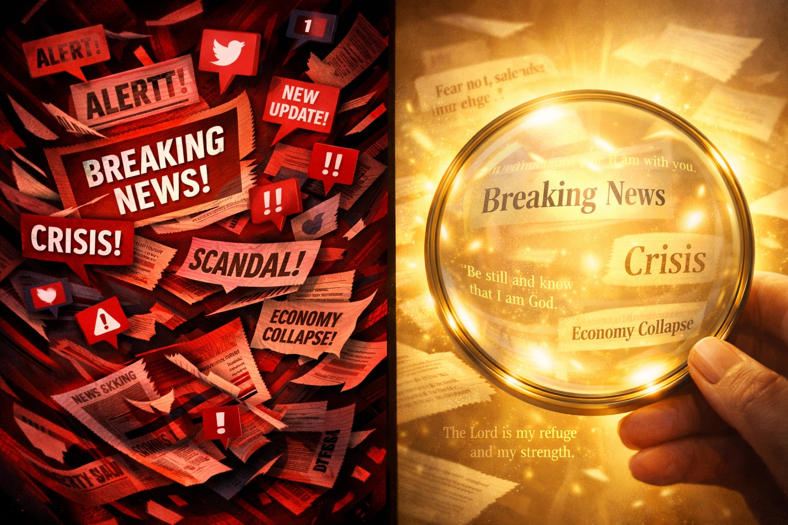 Contrasting chaotic news headlines with peaceful biblical perspective and Scripture lens