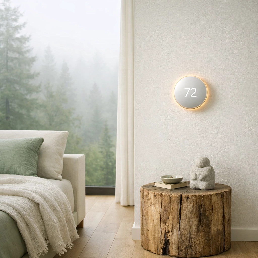 Sustainable hospitality technology featuring a smart thermostat in an eco-friendly hotel room.