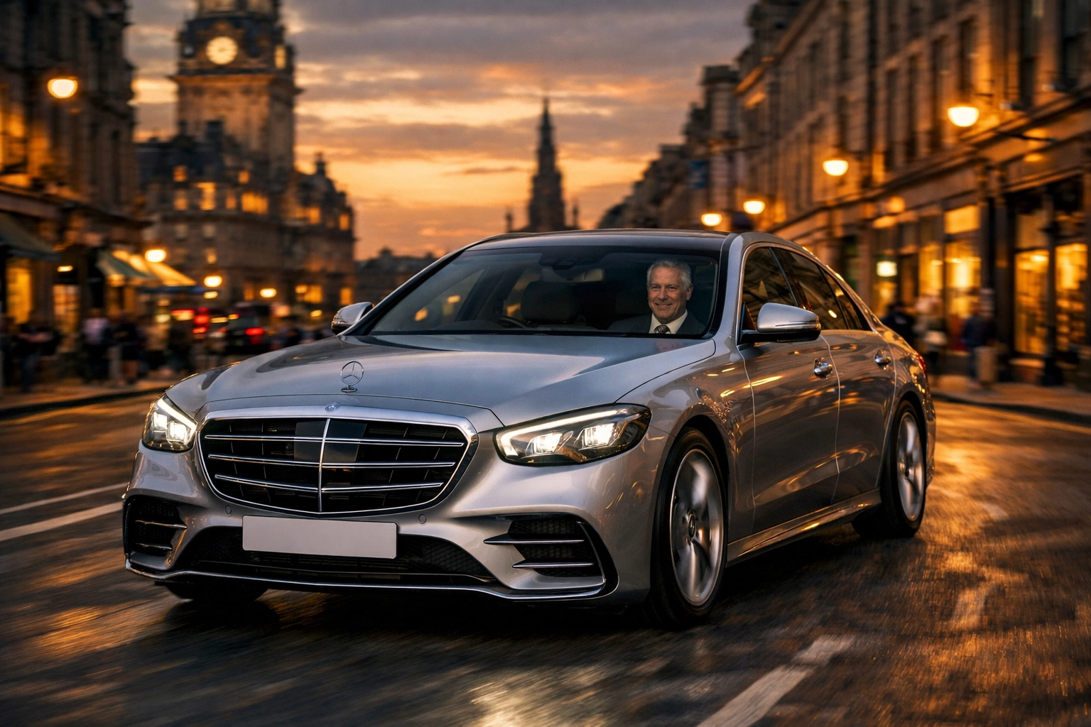 Silver Mercedes-Benz S-Class W223 on the road in Edinburgh