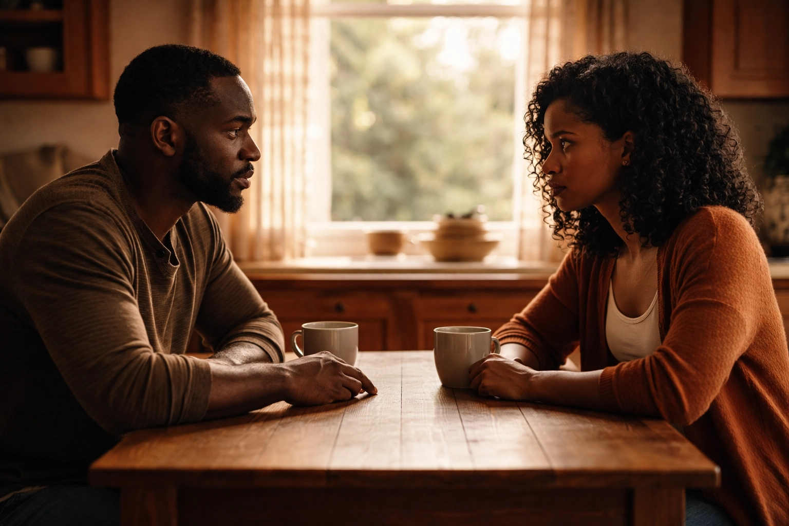 Black couple having a heartfelt conversation at a kitchen table, working to rebuild trust