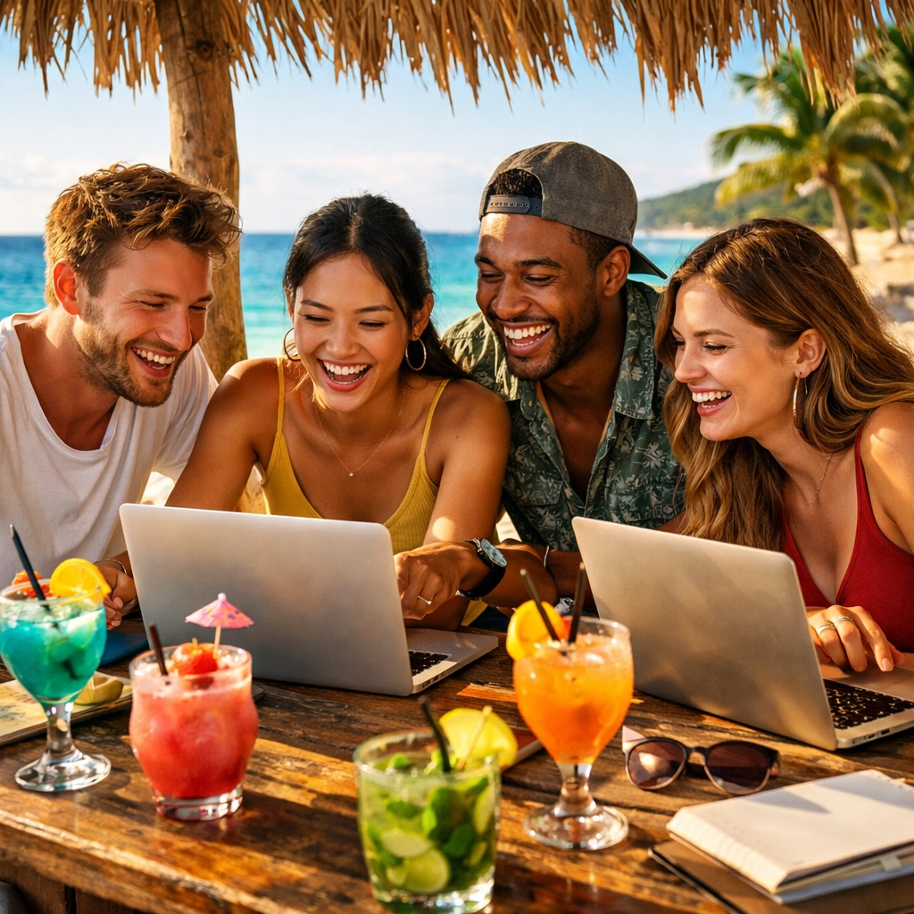 Digital nomads collaborating at beachside workspace in Puerto Vallarta Mexico