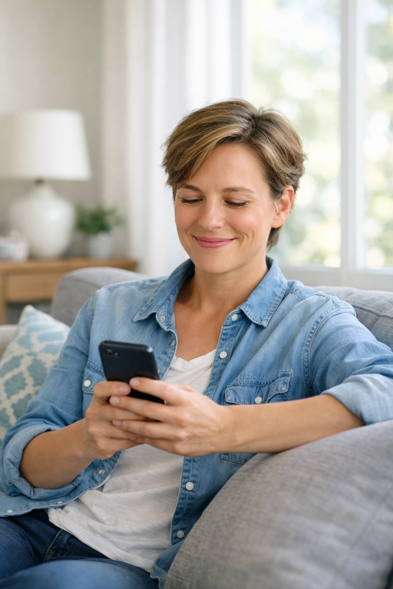 Relieved person receiving an instant loan approval via smartphone at home.