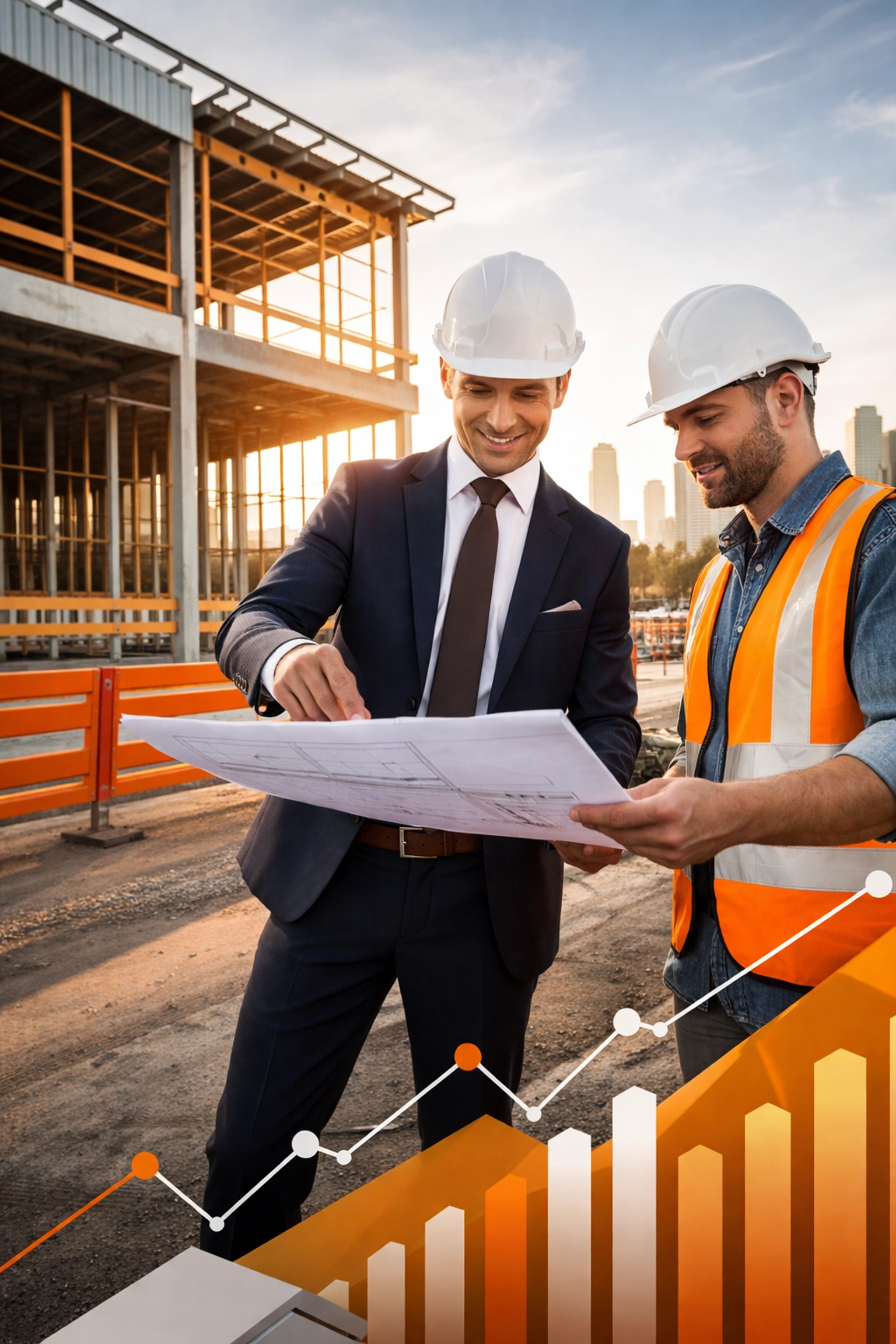 Developer and contractor discuss blueprints at a San Francisco construction site at sunset, highlighting project management and budget planning.