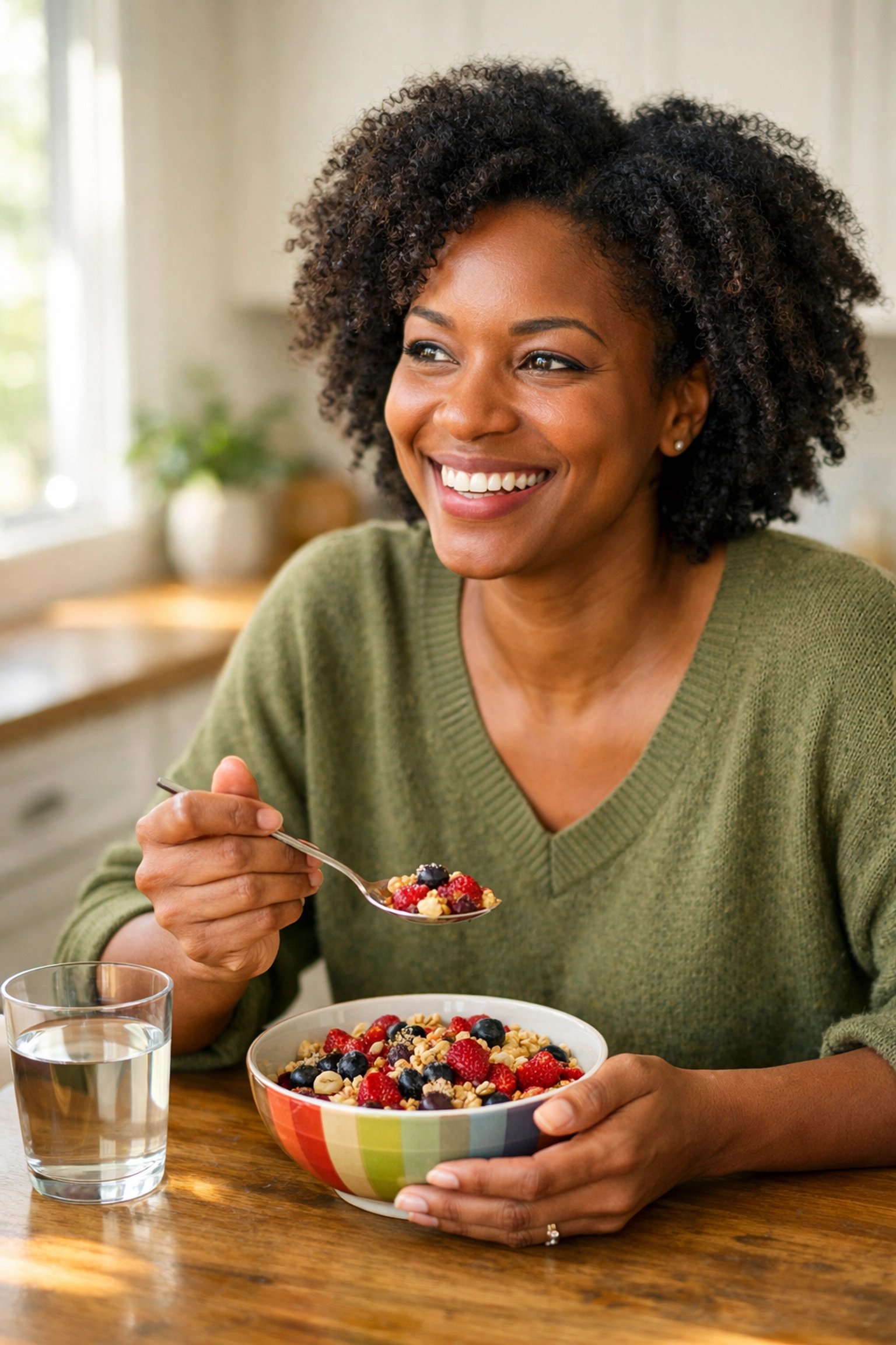 Woman enjoying a high-fiber breakfast bowl with berries and whole grains for sustained energy