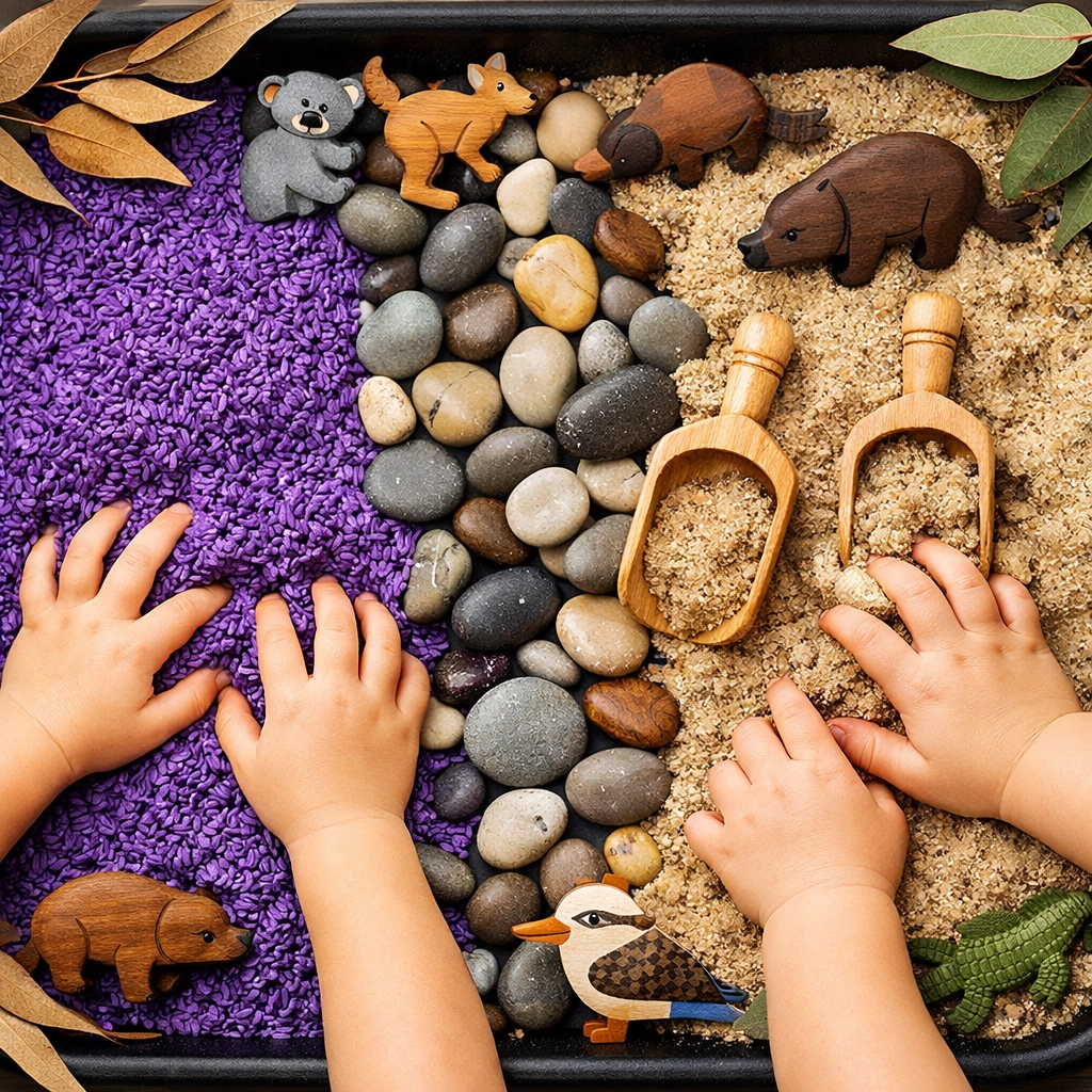 Sensory play tray with colored rice and stones for tactile learning at Rainbow Hut.