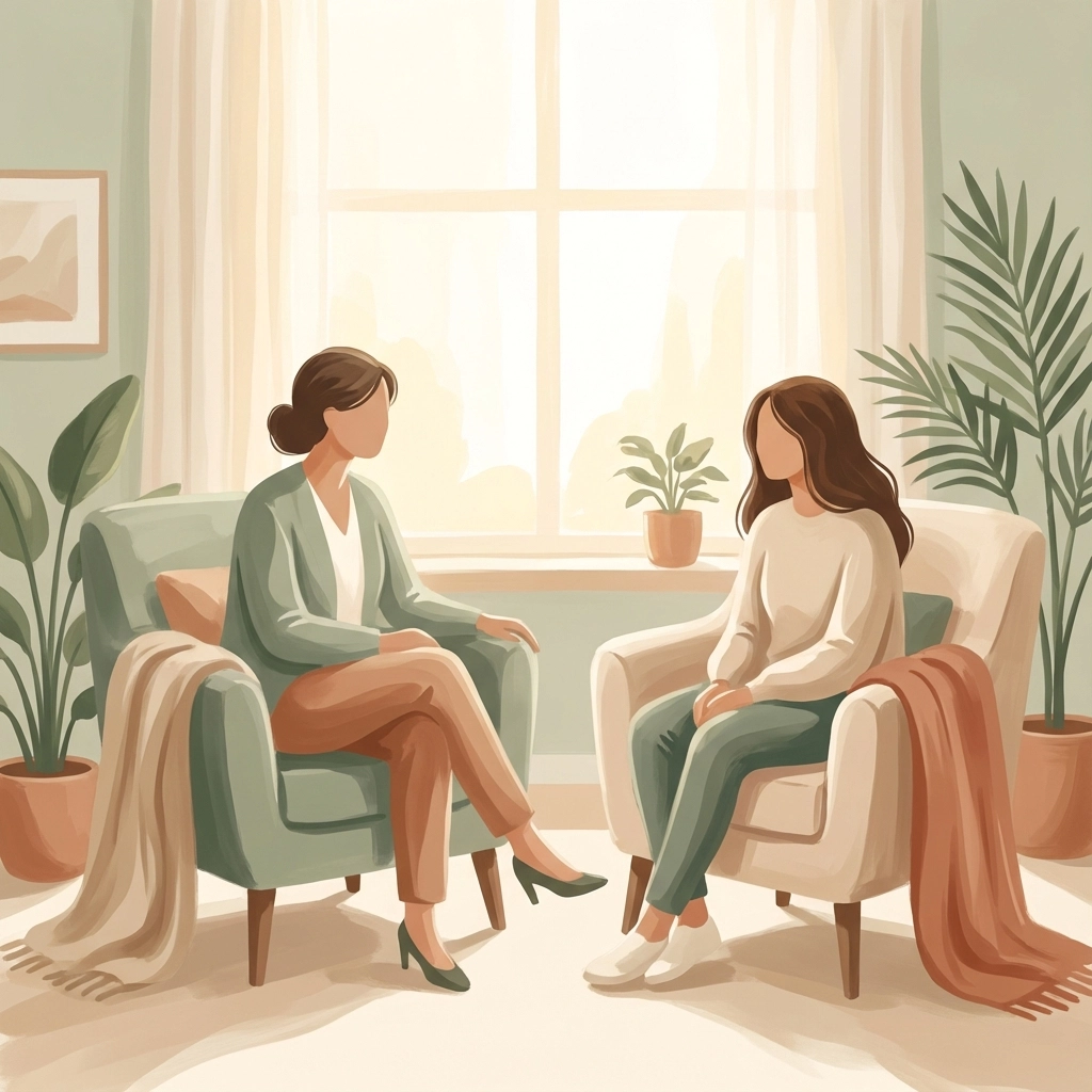 Two faceless women sit in cozy chairs, engaged in conversation. The room has plants, soft light, and warm colors, creating a calming mood.