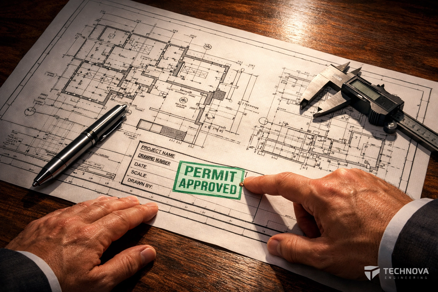 Detailed site plans with a permit approval stamp for an Ontario civil engineering project.