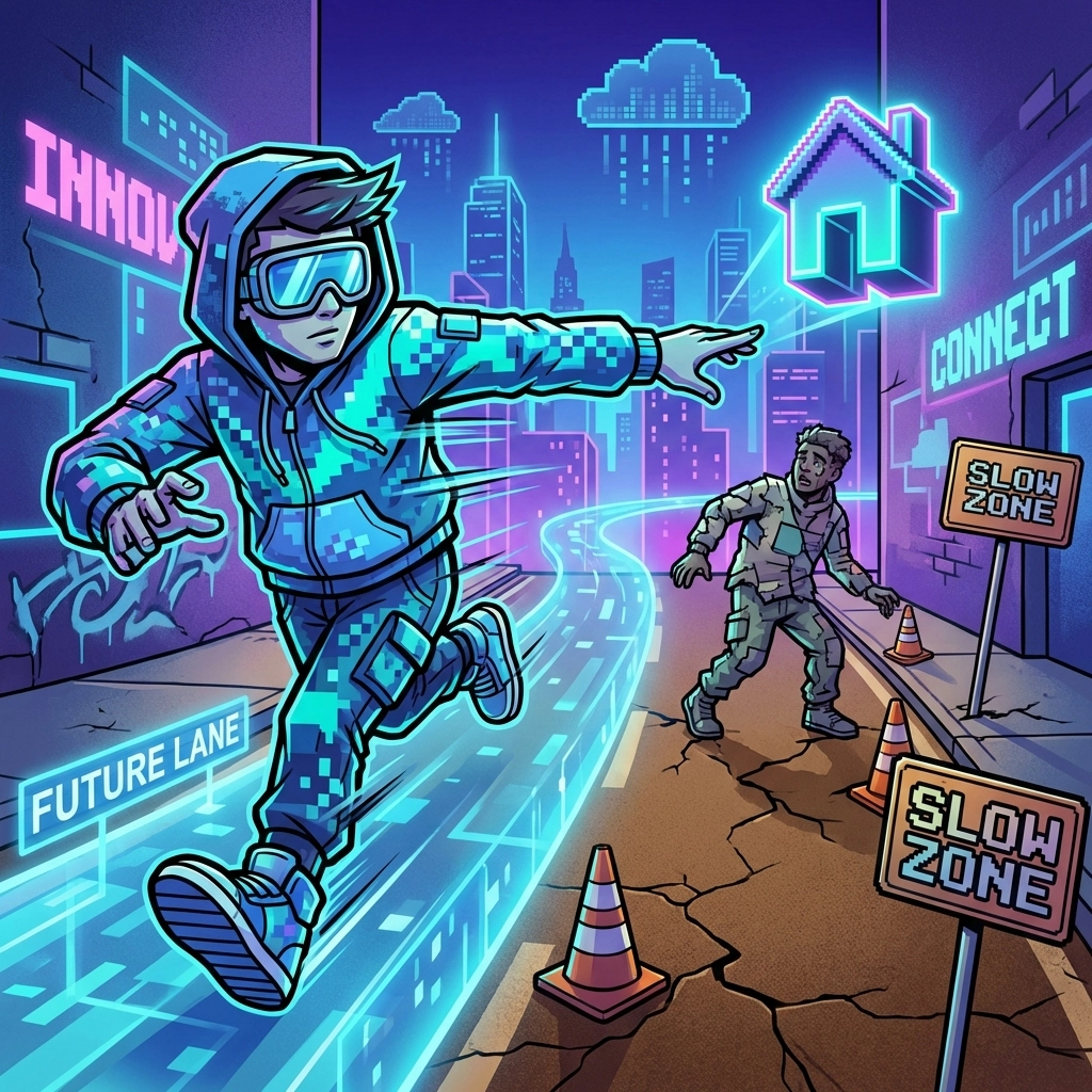 Two figures racing toward a house icon illustrating the advantage of finding sellers before they list