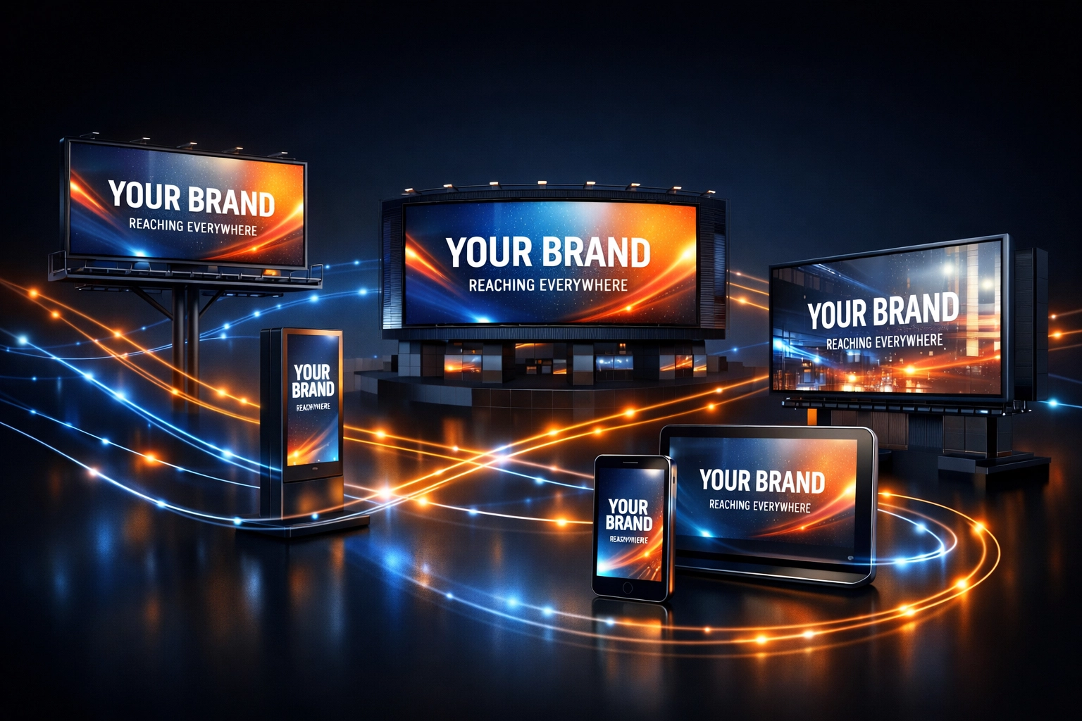 Multi-channel advertising network connecting billboards, digital screens, and mobile devices