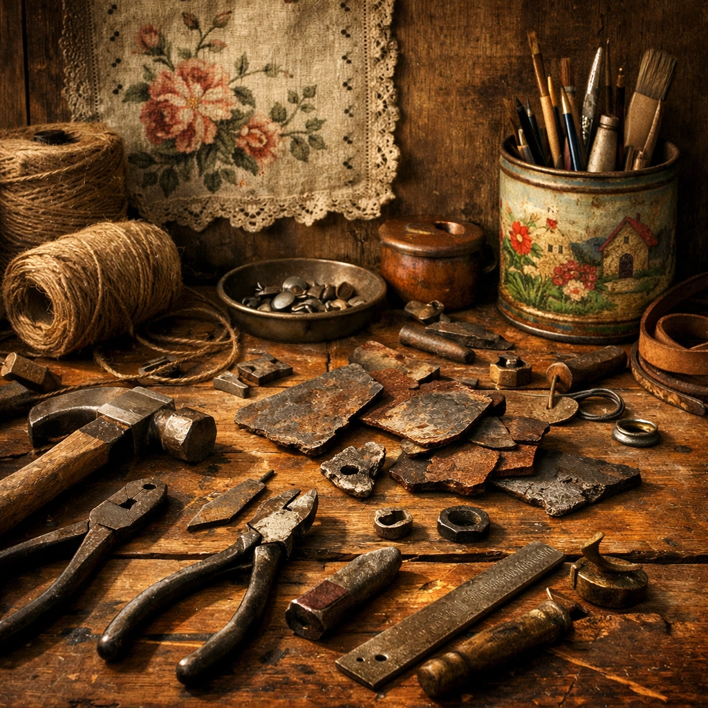 Close-up of an artisan workbench with hand tools and handcrafted home decor items in progress.